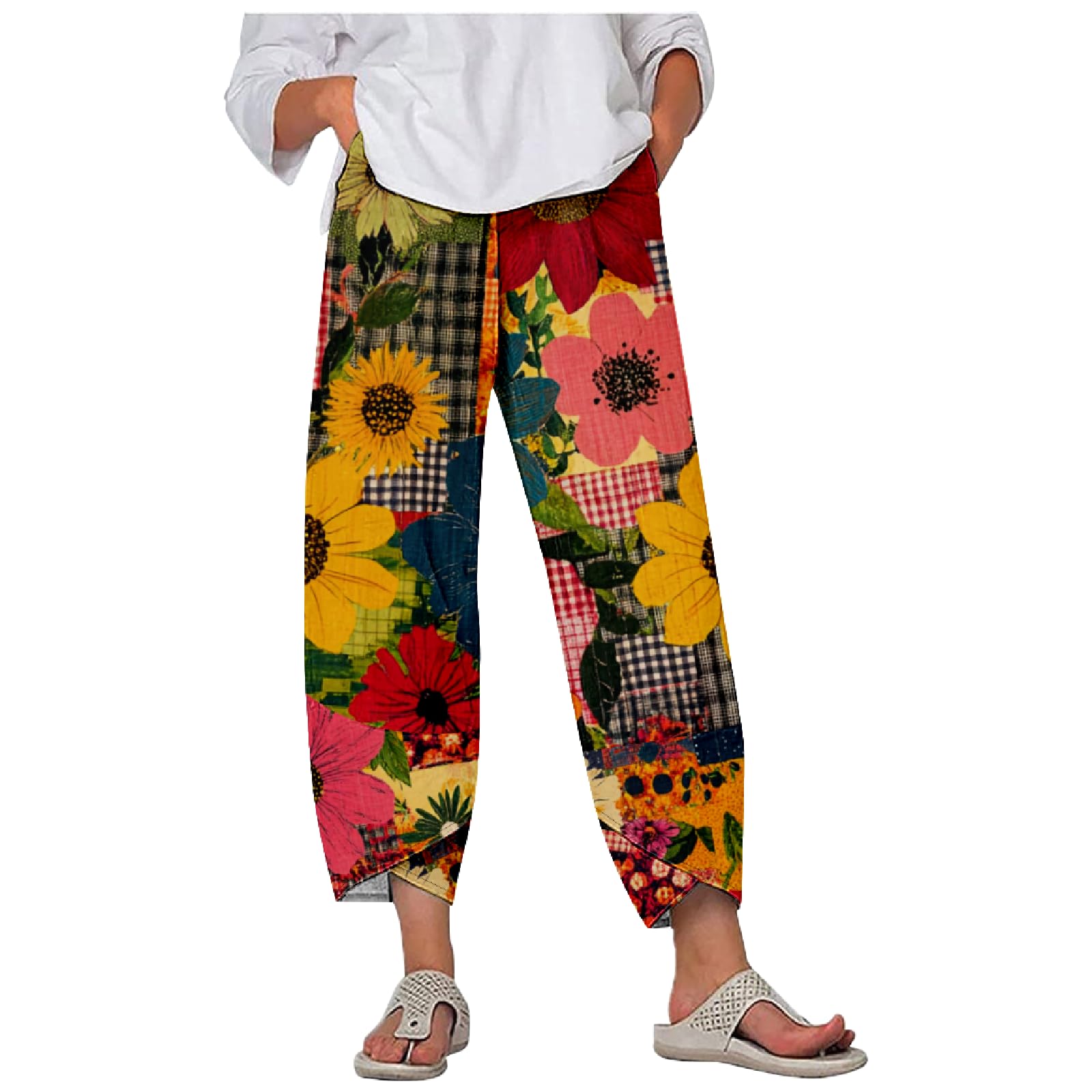 Costaric Cotton Linen Casual Summer Capri Pants Printed Cropped Comfy Baggy Trousers with Pockets Palazzo Lounge Pants