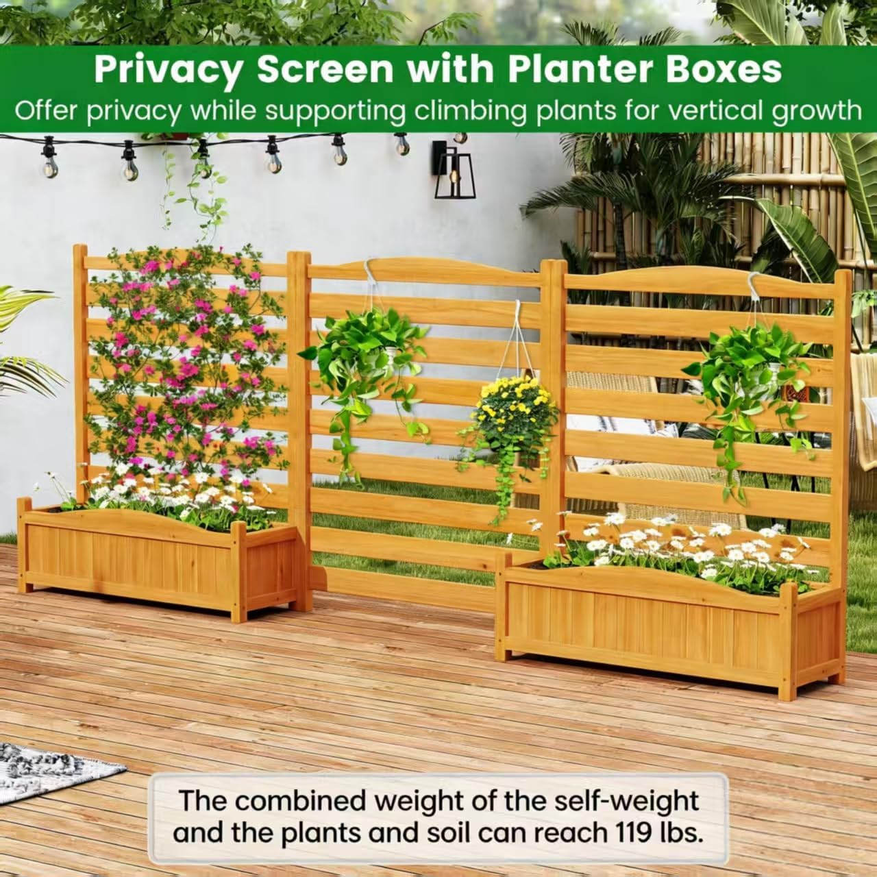 HAPPYGRILL Air Conditioner Fence, 3 Panels Outdoor Privacy Screen with Planter Box, Wood Privacy Fence for AC Unit, No-Dig Kit, Trash Can Pool Equipment Enclosure for Patio Backyard, 34" W x 40" H