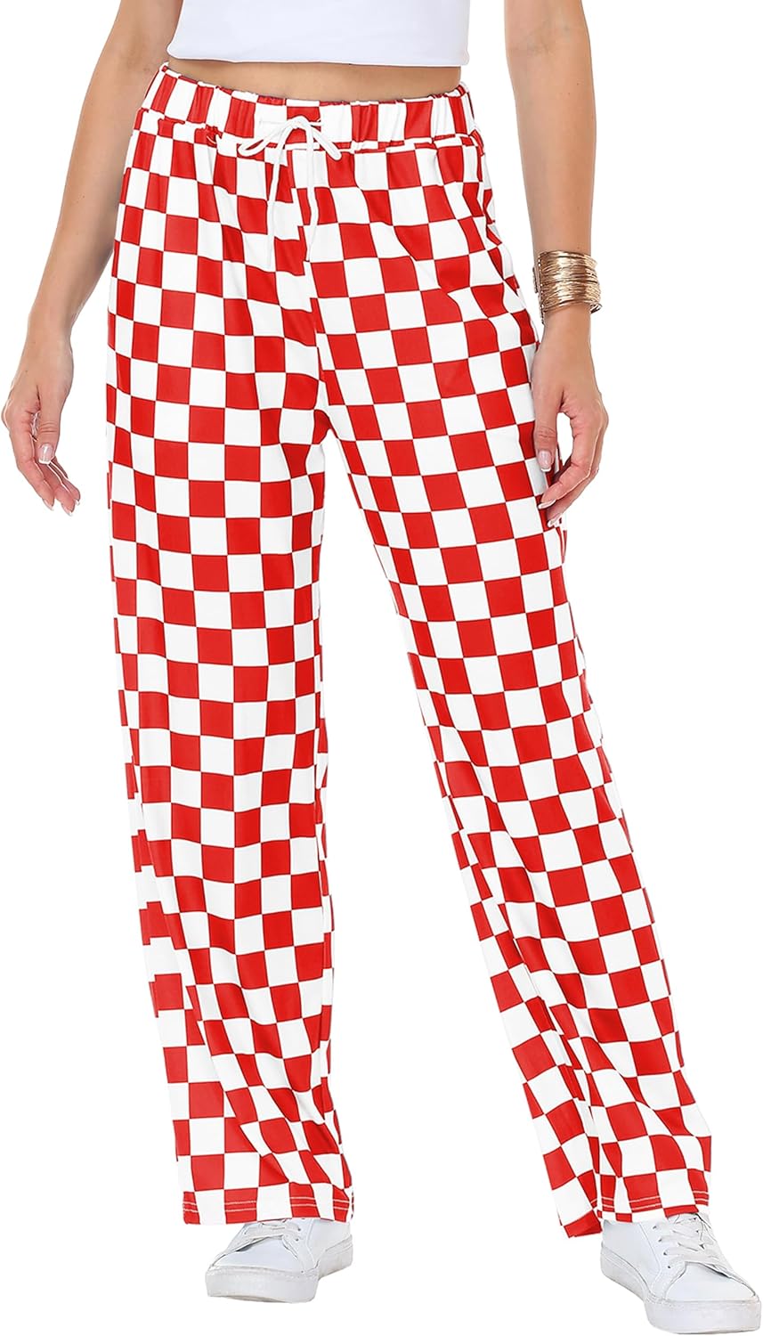 Remimi Womens Checkered Pants Casual Loose Wide Leg Sweatpants with Pockets