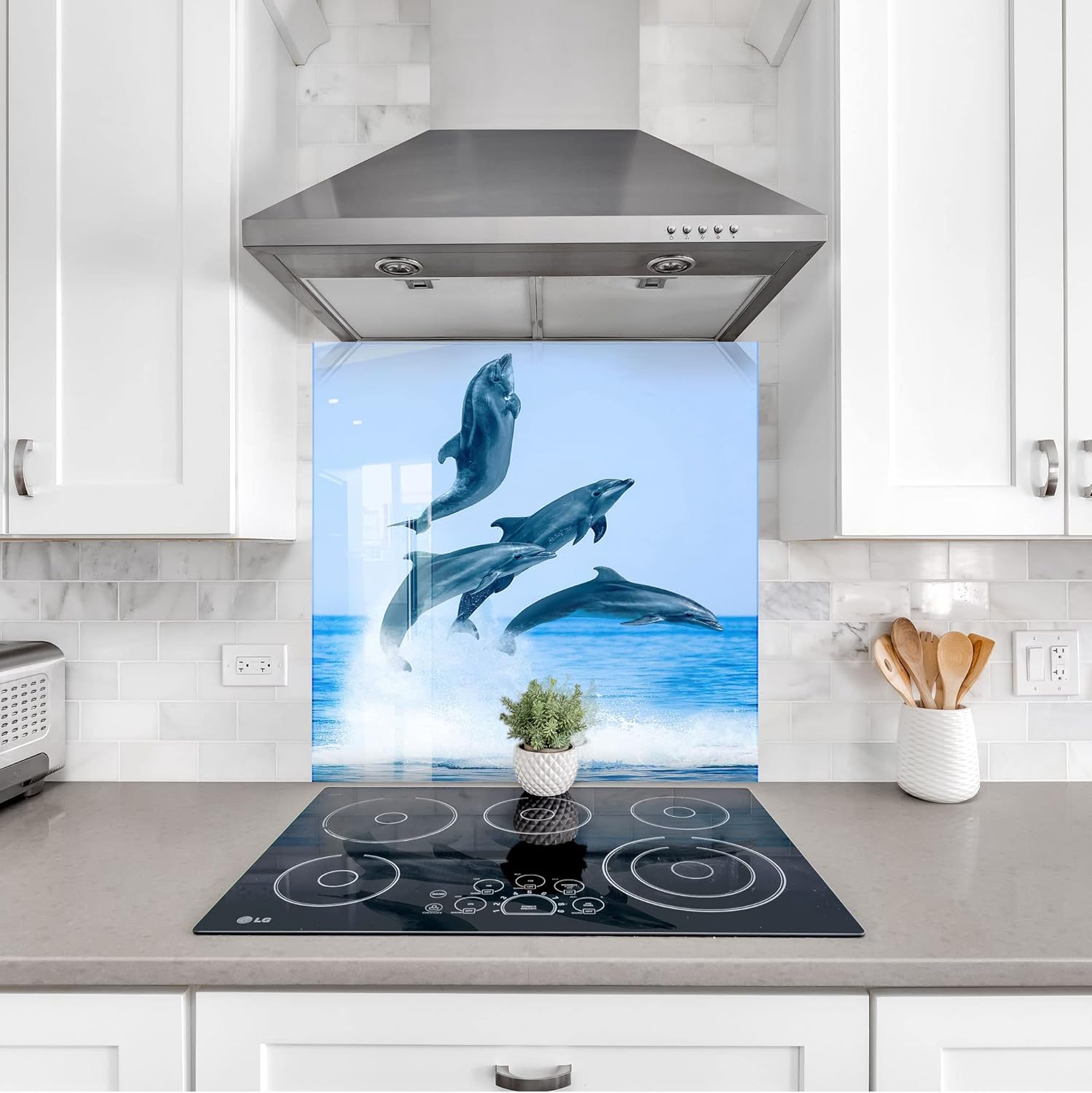 Myphotostation Tempered Glass Splashback 20Wx14H'-Dolphin Backsplash Design Cooker Ocean Waves Backsplash Panel Glass Splashback for Bathroom Panel Design Dolphin Splashback for Stove Kitchen