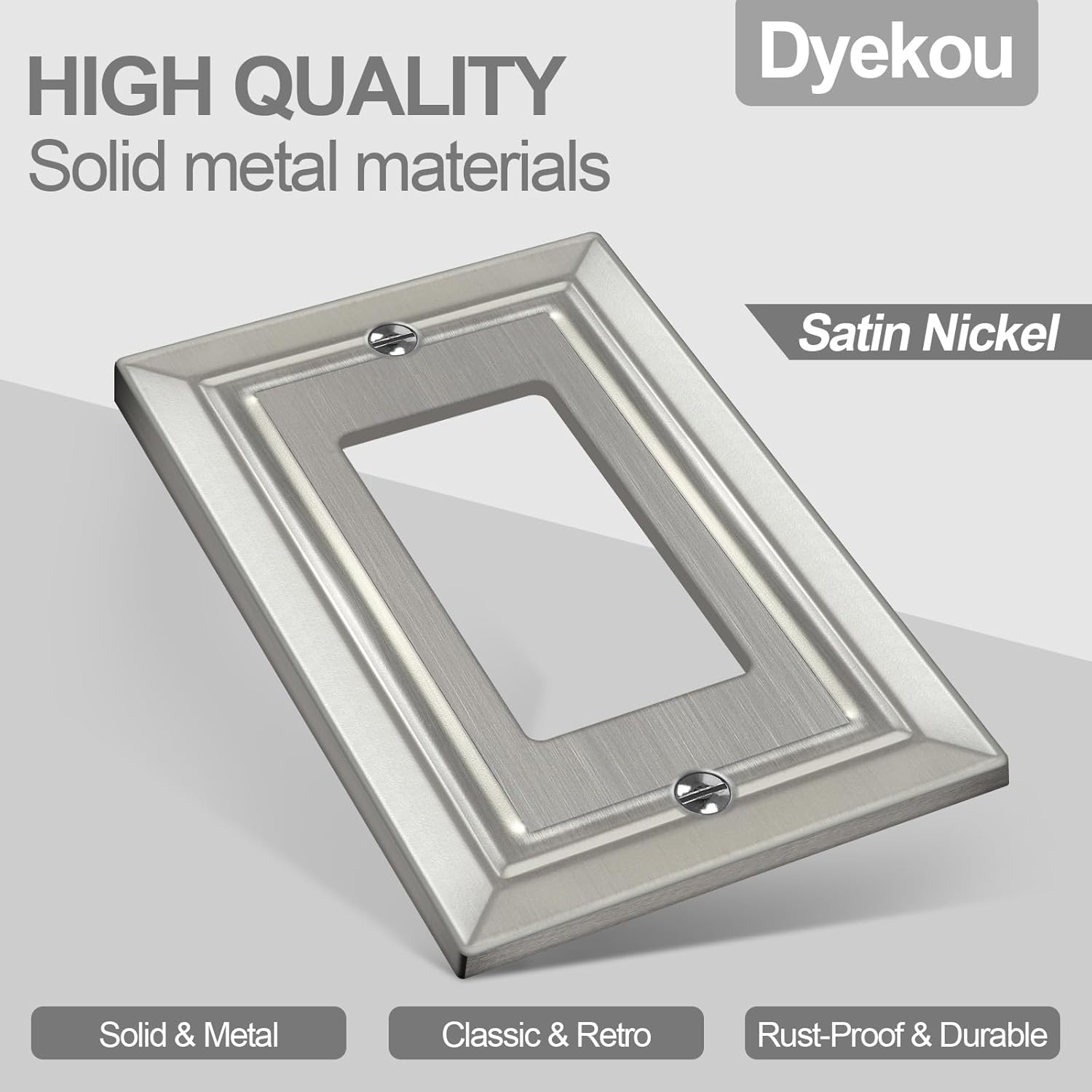 metal wall plate for electrical outlets, decorative brushed nickel switch plates outlet cover, light switch cover plate, 1-gang wall plates (single decoretor, 6 pack) single decorator satin nickel