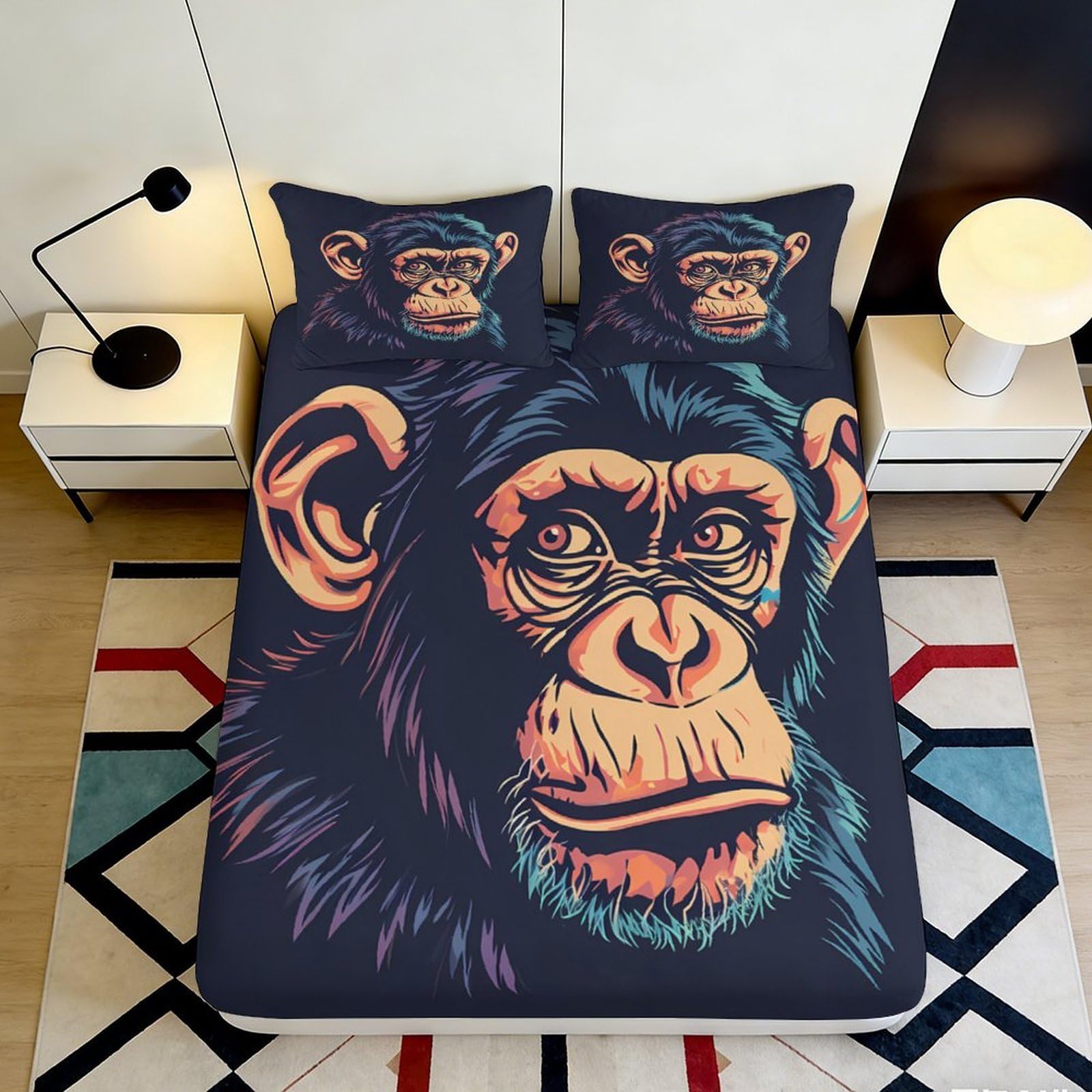 3D Printed Monkey Art Fitted Sheet Microfiber Soft Breathable Chimpanzee Bed Cover for Bedroom Dorm Decor 90x200x25cm