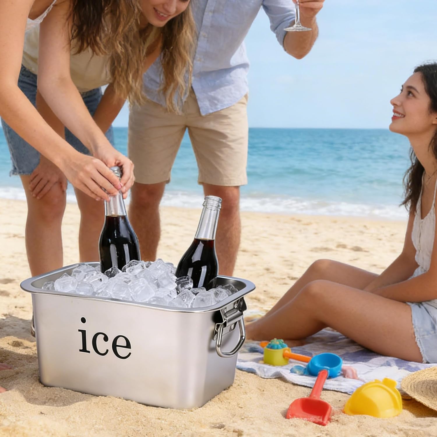 Ice Bucket Large-Capacity Stainless Steel Champagne Bucket Party Tabletop Double-Handle Drink Cooler, Beverage Chiller for Wine, Beer, Soda and Bottles in Bar, Patio or Kitchen, Cocktail Entertaining