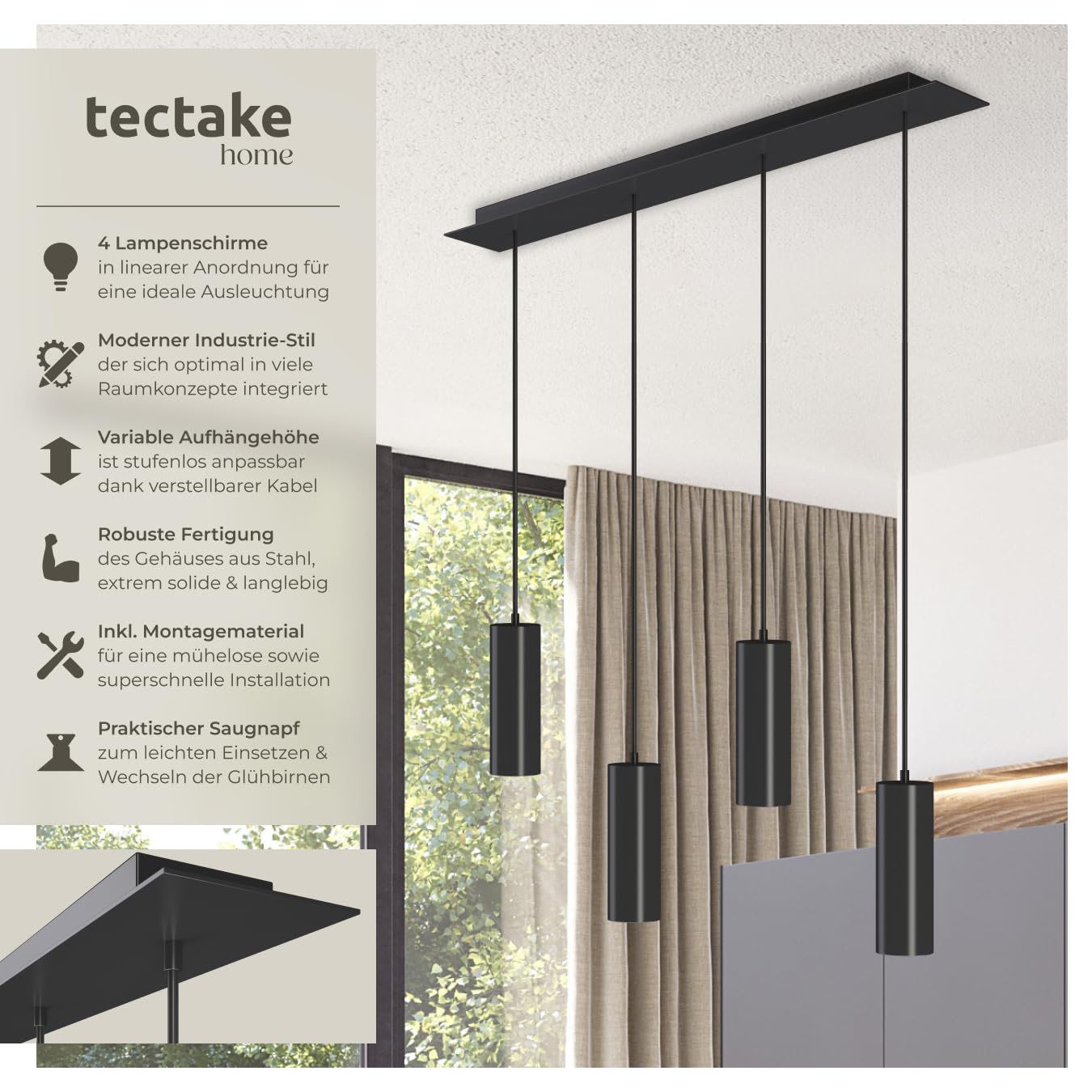 tectake® moderne Pendelleuchte, Deckenlampe schwarz, Deckenleuchte 4-flammig, höhenverstellbare Pendel Hängelampe für Esstisch, Küche, Wohnzimmer, als Flurlampe, Schlafzimmerlampe