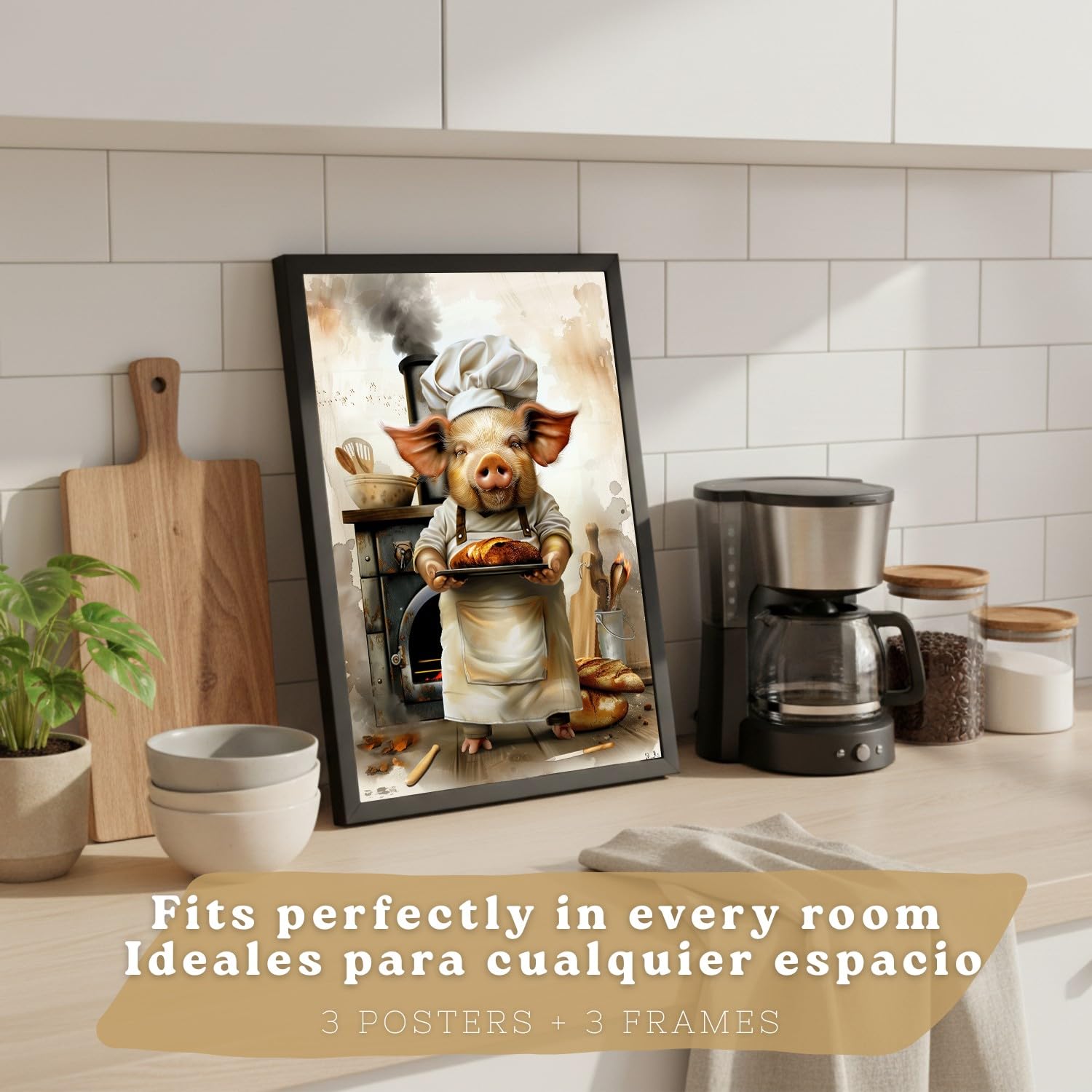 Nacnic Lot De 3 Affiches Cochon Chef Pâtissier Tableaux Animal Cuisinier Illustration Amusante Déco Cuisine A3 Cadre Noir