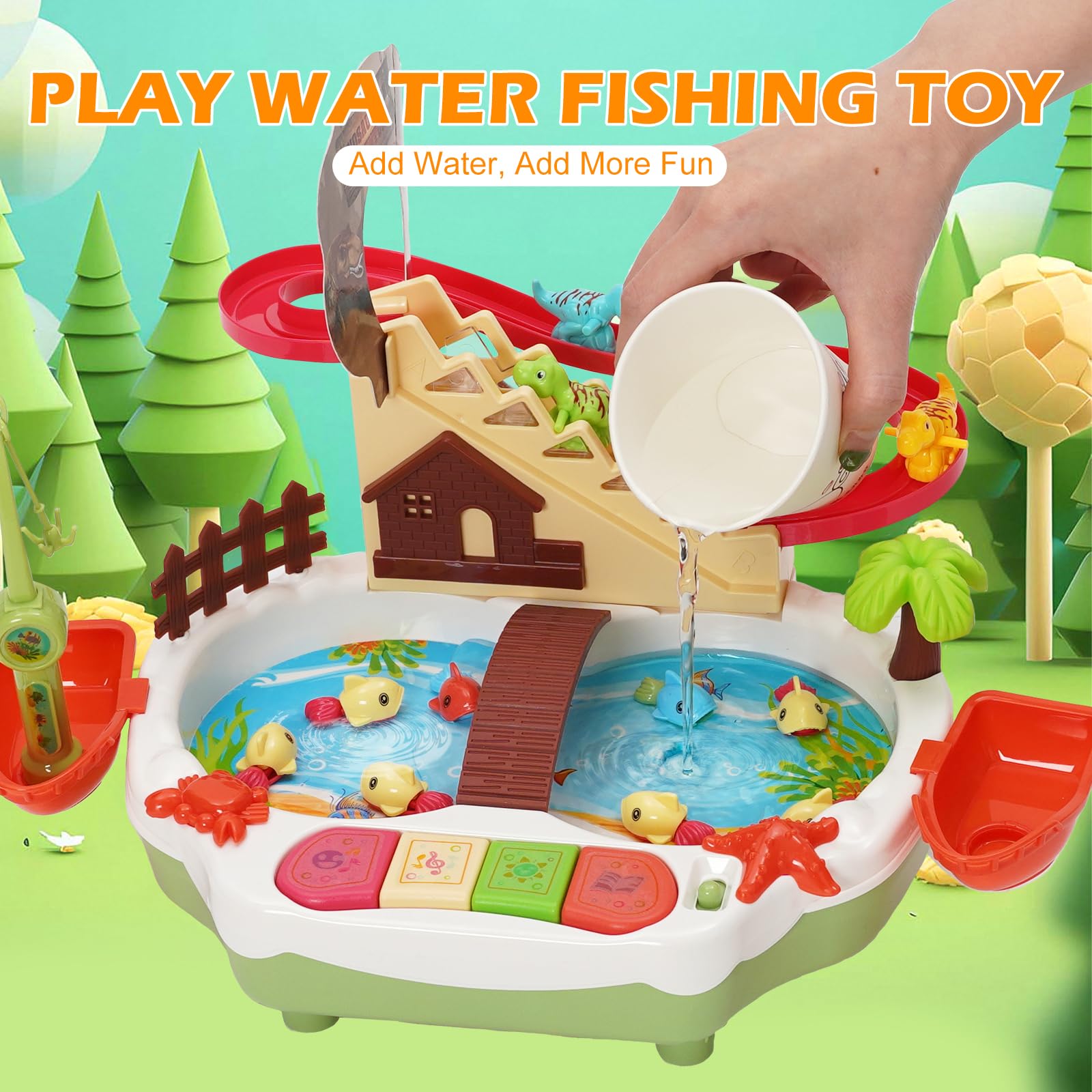 Juguete de pesca multifuncional 2 en 1, juego de pesca para subir escaleras con pista deslizante, 2 cañas de pescar, para niños y niñas