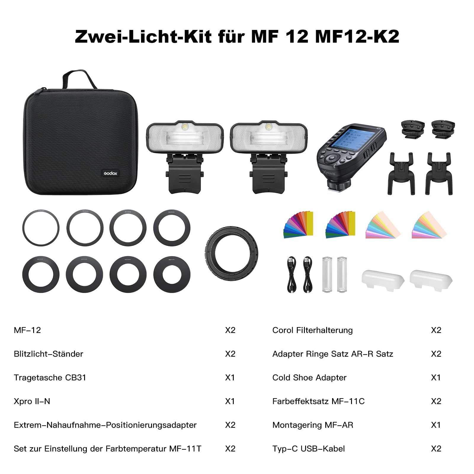 GODOX MF12-K2 Makroblitz Macro Flash mit GODOX XproII-N und Buntem Filter,2.4G Wireless Control,TTL/M-Modus,3,7V/6,29W Lithium-Akku,MF12-K2 Kompatibel mit Nikon,Sony,Canon,Fuji und Panasonic