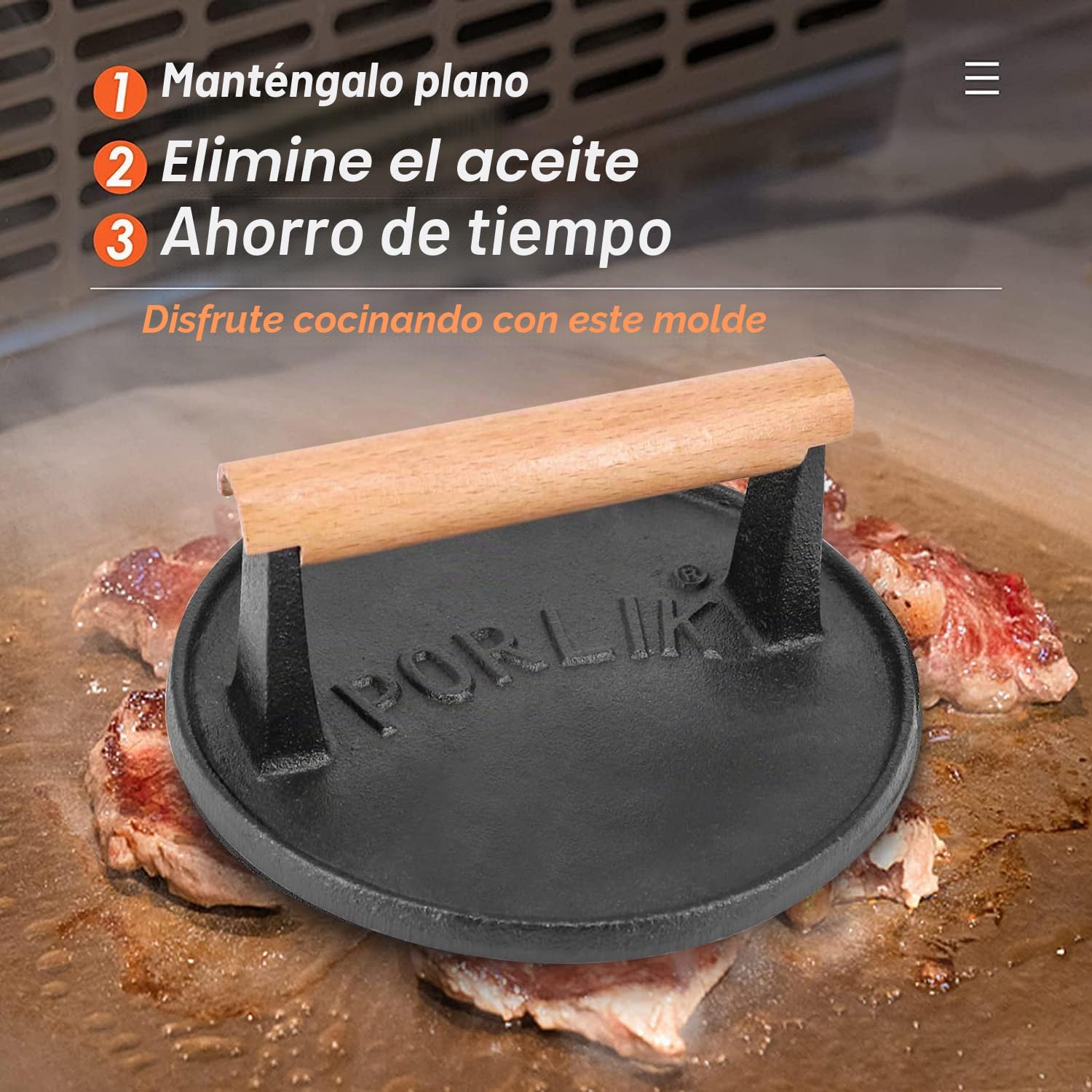 Prensa de hamburguesas resistente de 7 pulgadas, con triturador redondo para parrilla y mango de hierro fundido