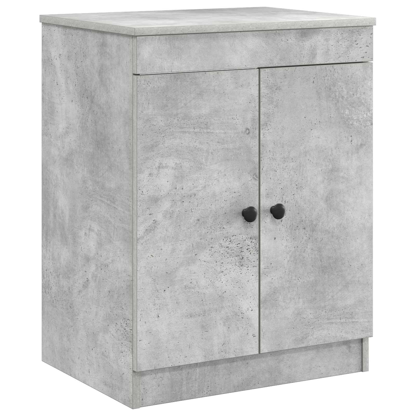 Hothingwell Betonowa szara szafka łazienkowa 54 x 41 x 70 cm | Drewno konstrukcyjne, otwarte półki, drzwi obrotowe 90°, czarne metalowe uchwyty, 2 wiertła w zestawie