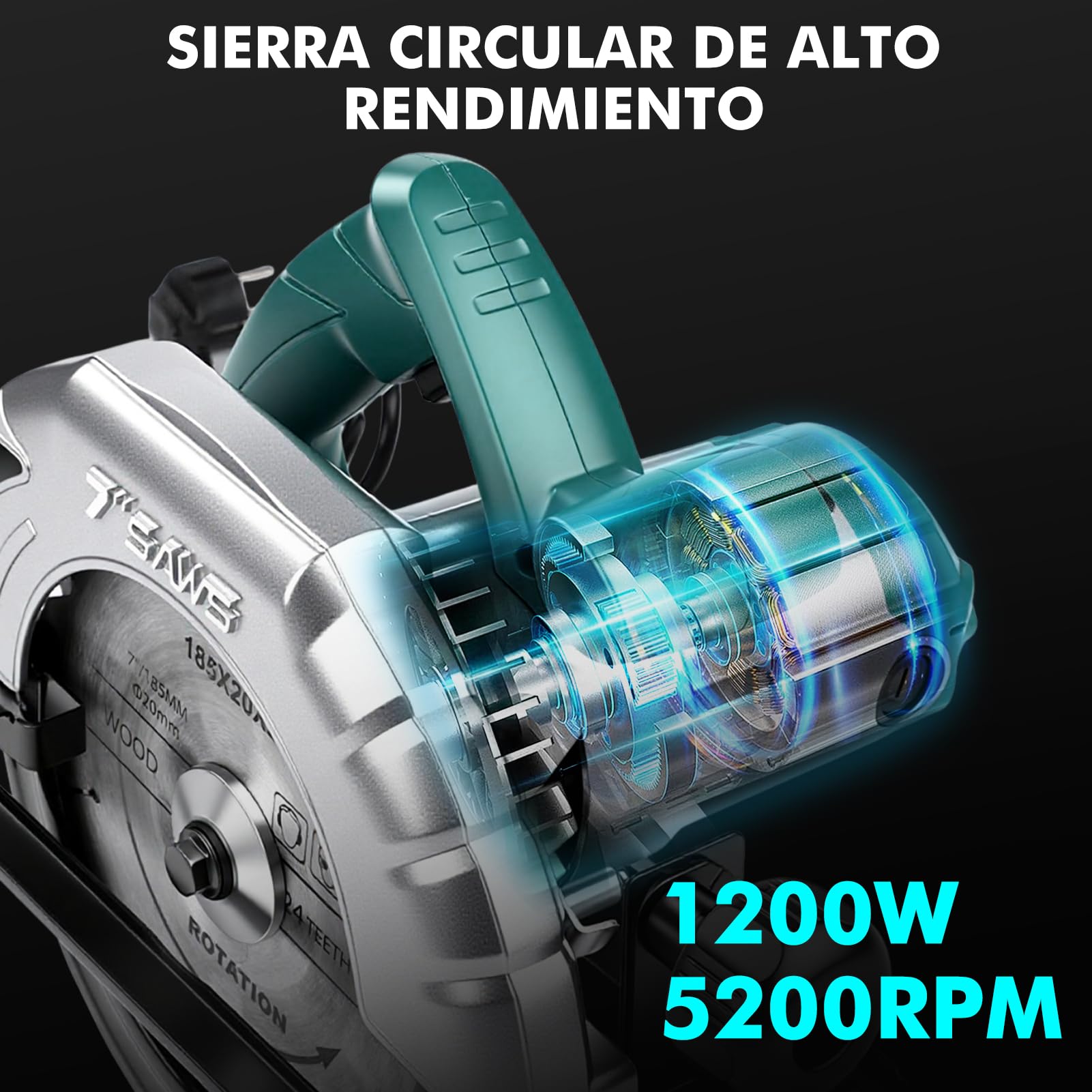 Sierra circular de mano de 1200 W, con riel guía, 5200 RPM Electric Circular Saw Profundidad de corte 60 mm (90°), 45 mm (45°), ajuste de profundidad/ángulo con 3 hojas de sierra circular de 185 mm