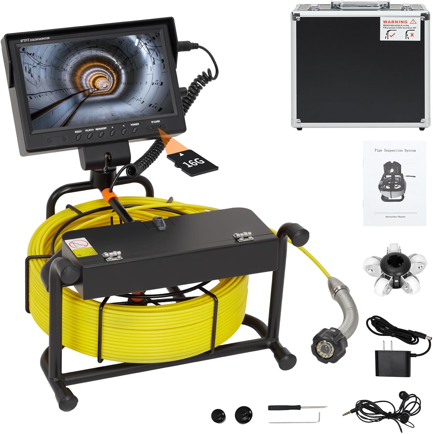 98.4 FT Sewer Camera Snake Kit w/512Hz Locator | IP68 Waterproof Plumbing Cam, 9" LCD, DVR (16GB Card), 4500MAh Rechargeable Battery, 12 LEDs for Fast Drain Clog Detection