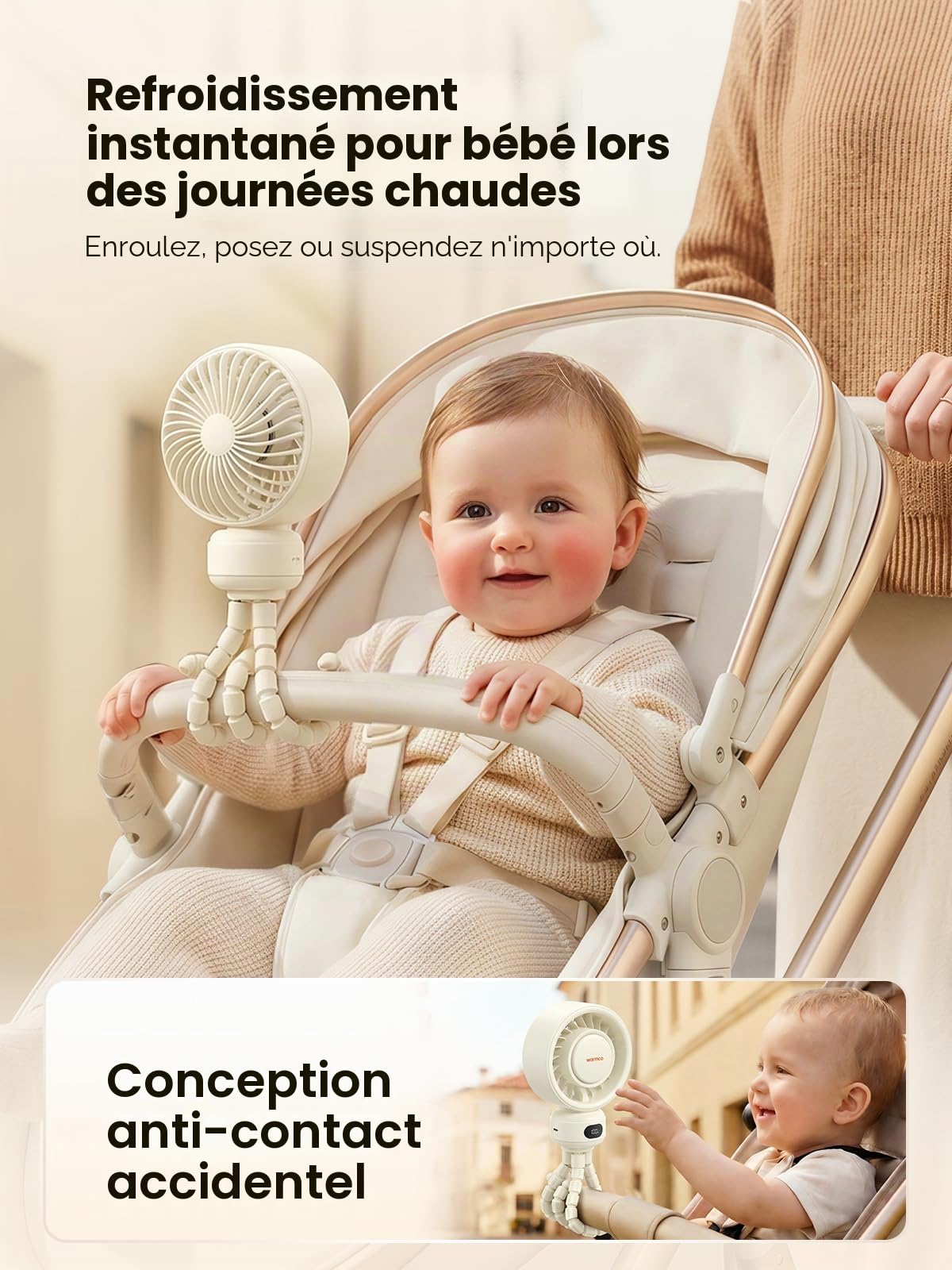 Warmco Ventilateur portable pour landau, 4000 mAh rechargeable (jusqu'à 15 H), 4 vitesses, affichage de la batterie LED, fonctionnement silencieux, couvercle amovible, pour poussette, siège auto