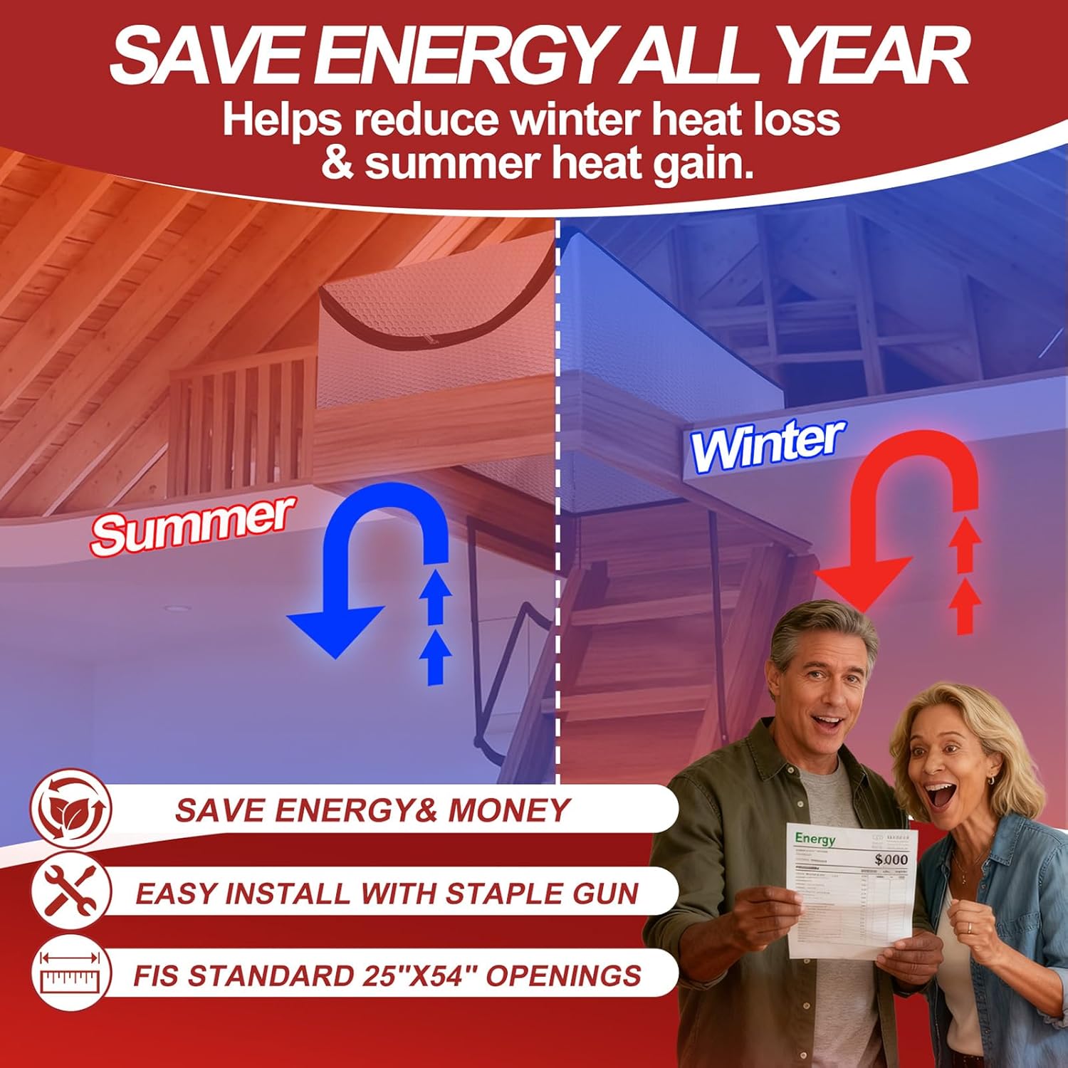 Attic Stairway Insulation Cover, Premium Energy Saving Attic Door Tent for Pull Down Stairs with Heavy-Duty Zipper, Fits 25" x 54" Opening, Easy Staple-On Install