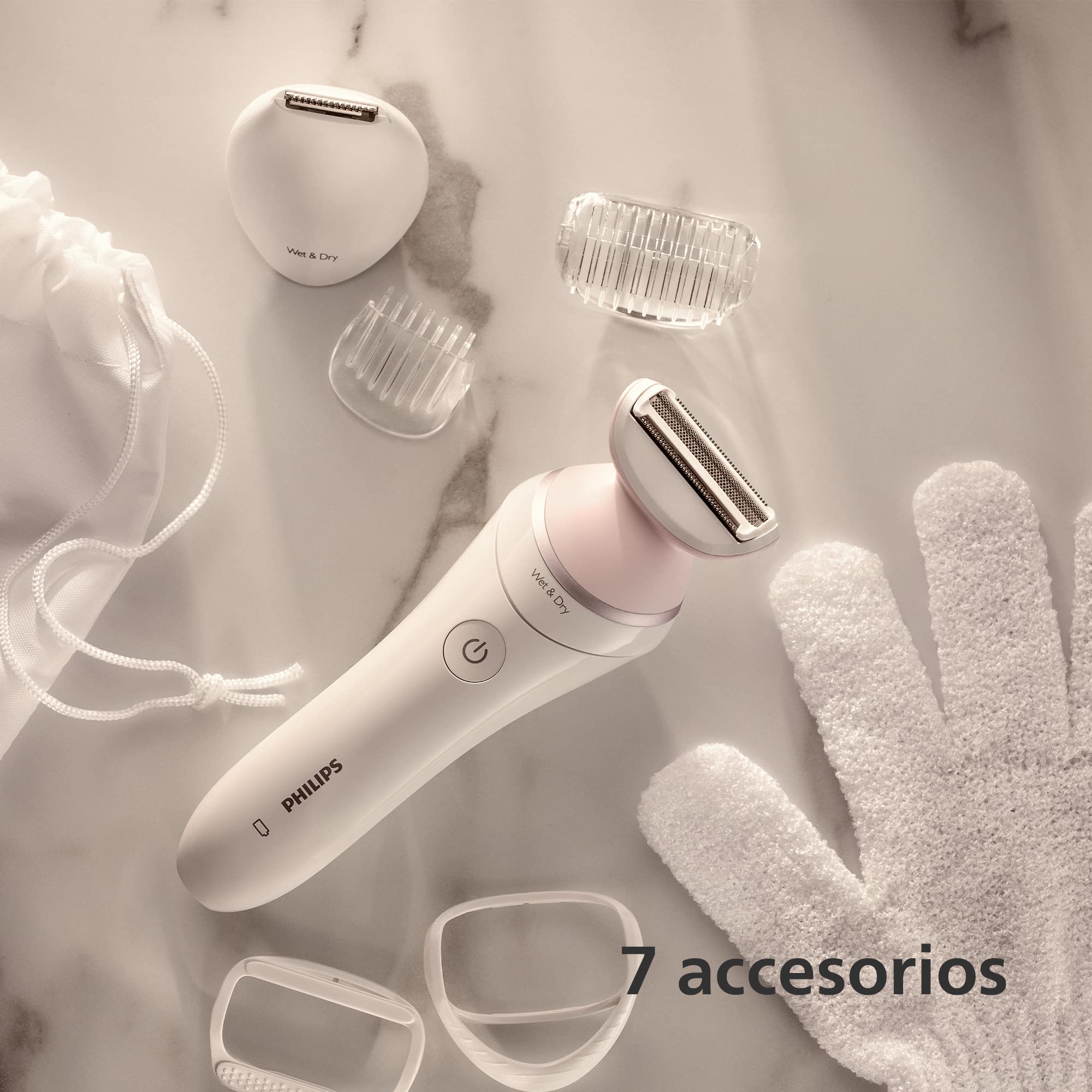 Philips Afeitadora de Mujer Serie 6000, 6 accesorios, Incluye Perfilador Bikini, Guante Exfoliante, Peine Guia y Cepillo de Limpieza, BRP146/00, Blanco