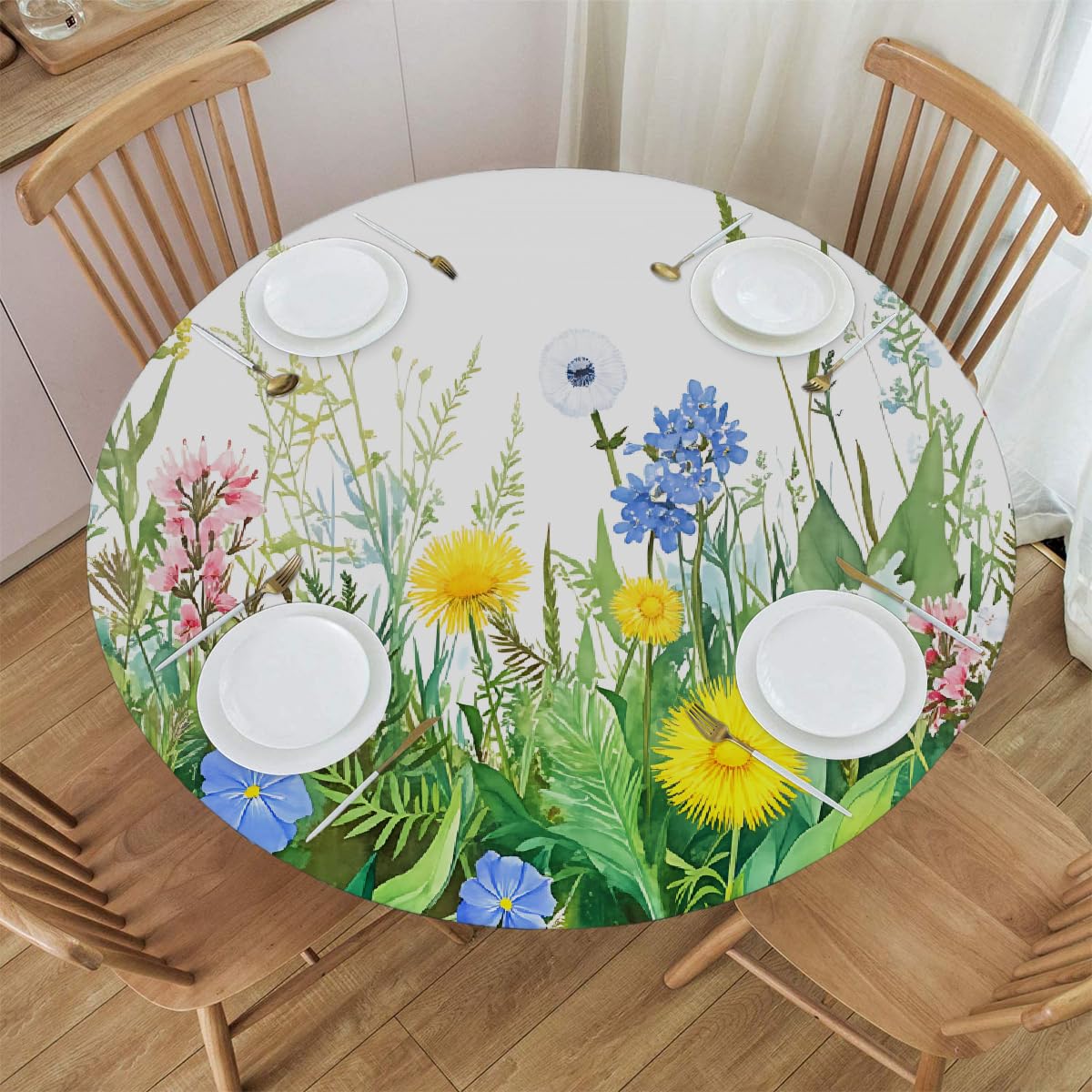 KNEMI Wild Floral Grass Fitted Round Tablecloth with Elastic Edge, Waterproof Table Cloth Wipe Clean Round Table Cover for Outdoor Garden Patio Dining Table, Fits Round Tables Up To 40"- 44" Diameter