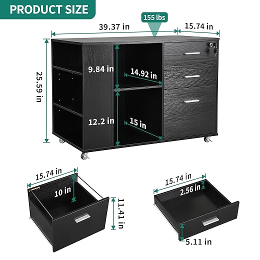 YITAHOME Mobile Wood File Cabinet, 3 Drawer Lateral Filing Cabinet, Black