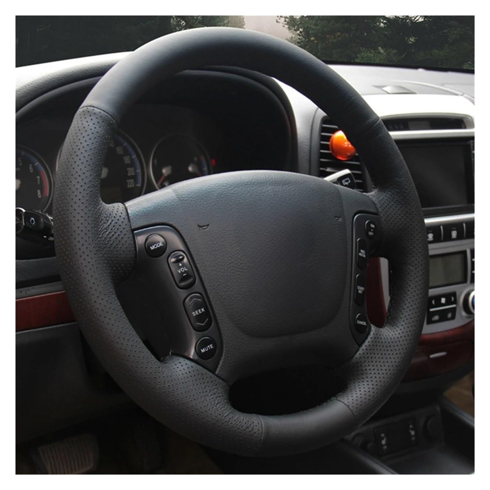 Lenkrad Schutzhülle Für Hyundai Für Santa Für Fe 2007 2008 2009 2010 2011 2012 DIY handgenähte rutschfeste Schwarze Leder-Autolenkradabdeckung Lenkradabdeckung(Farbe:Light Blue Thread)