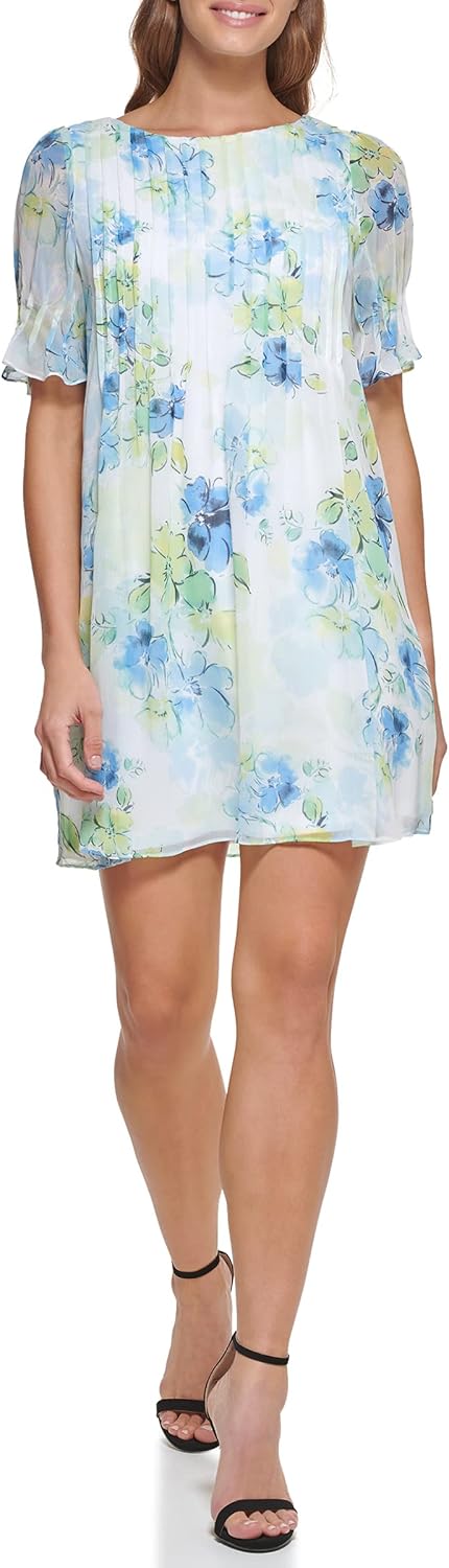 DKNY Women's Pleated Front Cinch Sleeve Flowy Dress