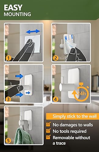 Miniatura 3 de Ganchos adhesivos para toallas para baños, juego de 6  Perchero autoadhesivo blanco, ganchos de pared adhesivos duraderos  Soporte para toallas