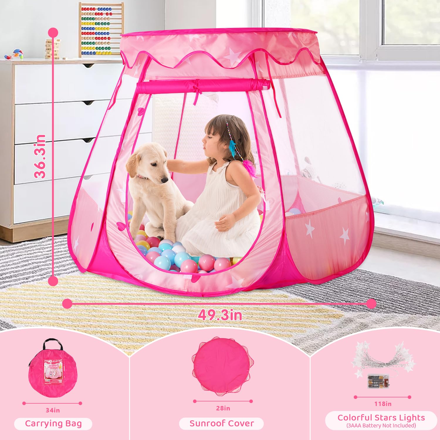 Tikolus Pop Up Princess Tent for Girls, Toddler Girl Toys Kids Ball Pit with Colorful Star Lights, Foldable Kids Play Tent with Carrying Bag, Indoor&Outdoor 1 Year Old Girl Gift (Balls Not Included)