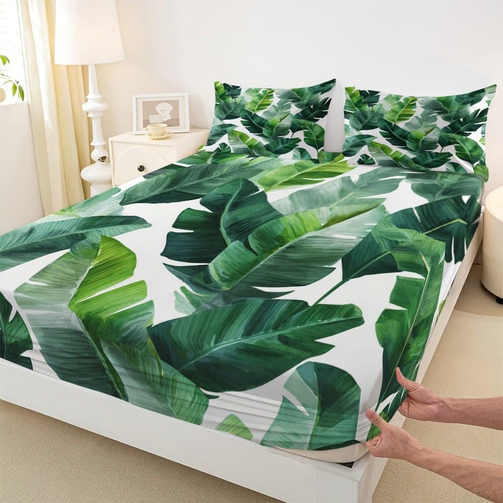 3D Spannbettlaken 180x200 cm Aquarell BananenbläTter Muster Rutschfestem Spannbetttücher Weich Atmungsaktives Spannbettlaken GrüN Boxspringbett Spannbetttuch für Kinder Jugendliche