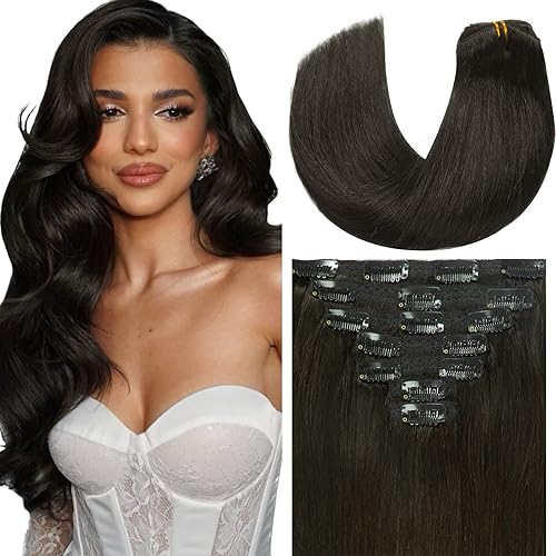 Loxxy Extensiones de cabello humano con clip, color negro natural #1B, doble trama, brasileño, grueso, sedoso, lacio, 14 pulgadas, 4.23 onzas