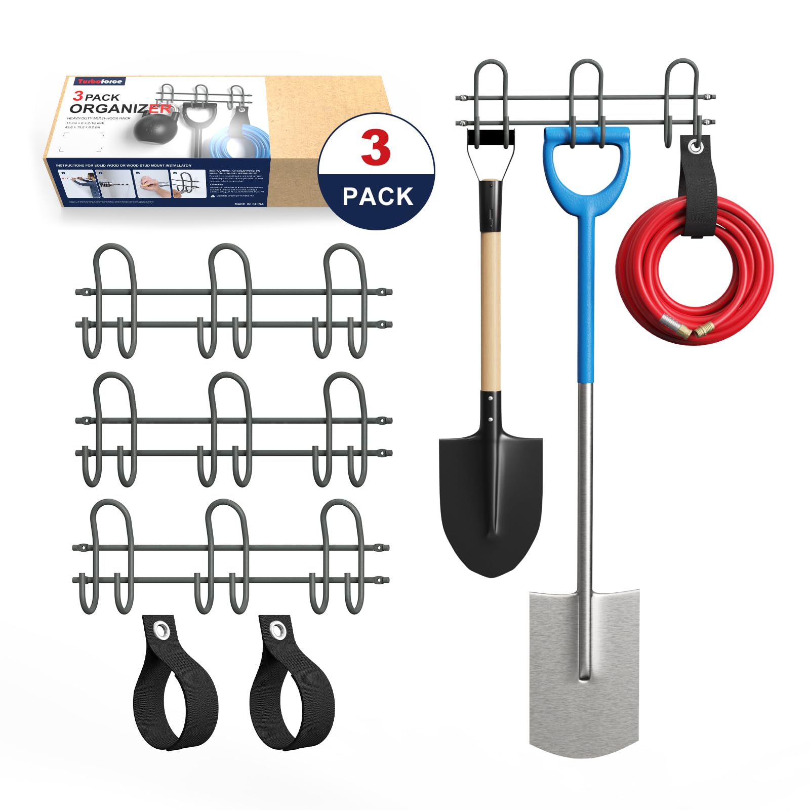 Wall Mount Tool Storage Racks, 3 PCS Heavy Duty Steel Yard Garden Tool Organizer, Garage Tool Organizer Wall Mounted Storage System Hold Up to 150lbs, with 2 Extension Cord (9 hooks)