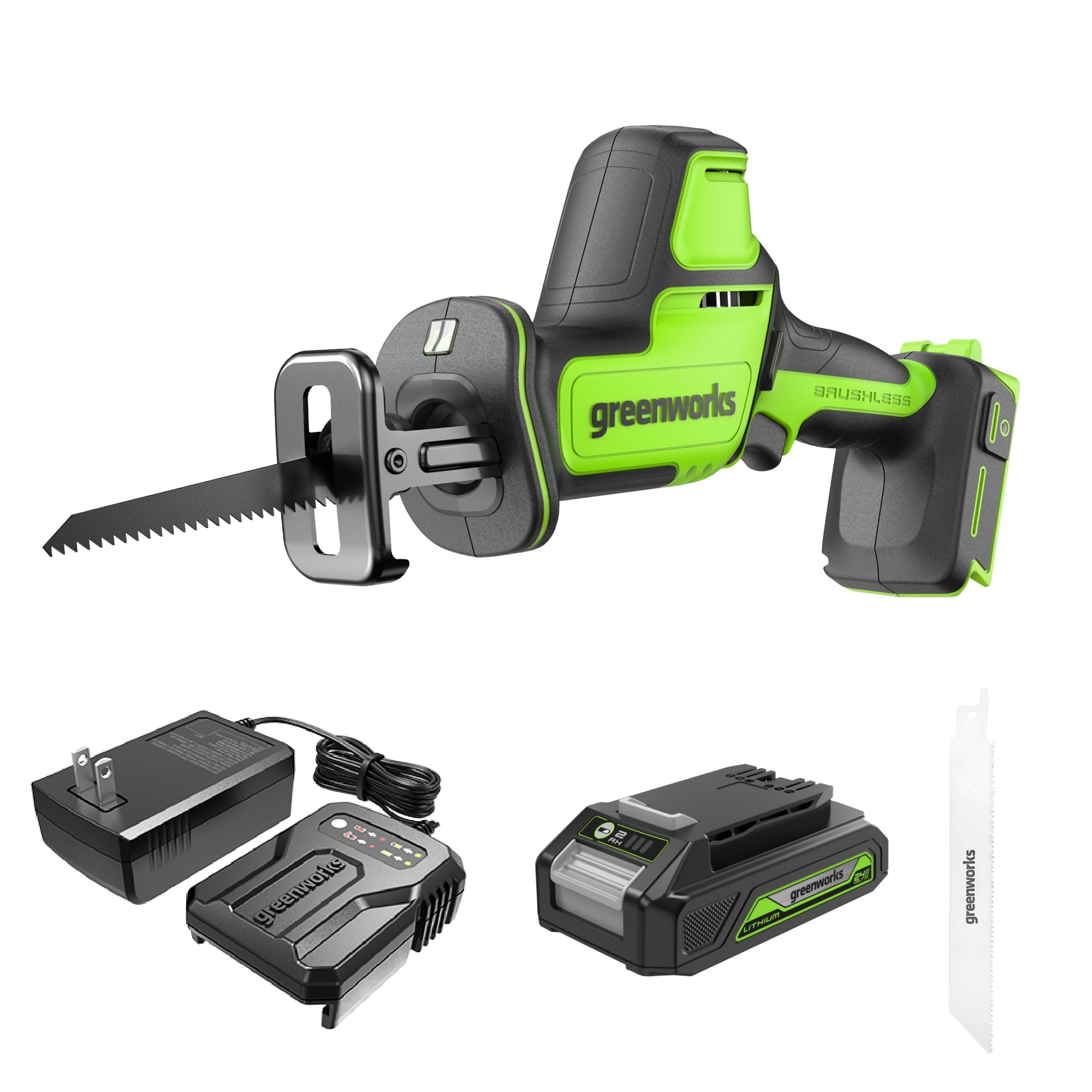 Greenworks 24V Brushless Cordless Reciprocating Saw,1" Compact One-Handed Recip Saw(3,000 SPM),Variable Speed, 2.0Ah Battery and Compact Charger Included,‎ RSG404