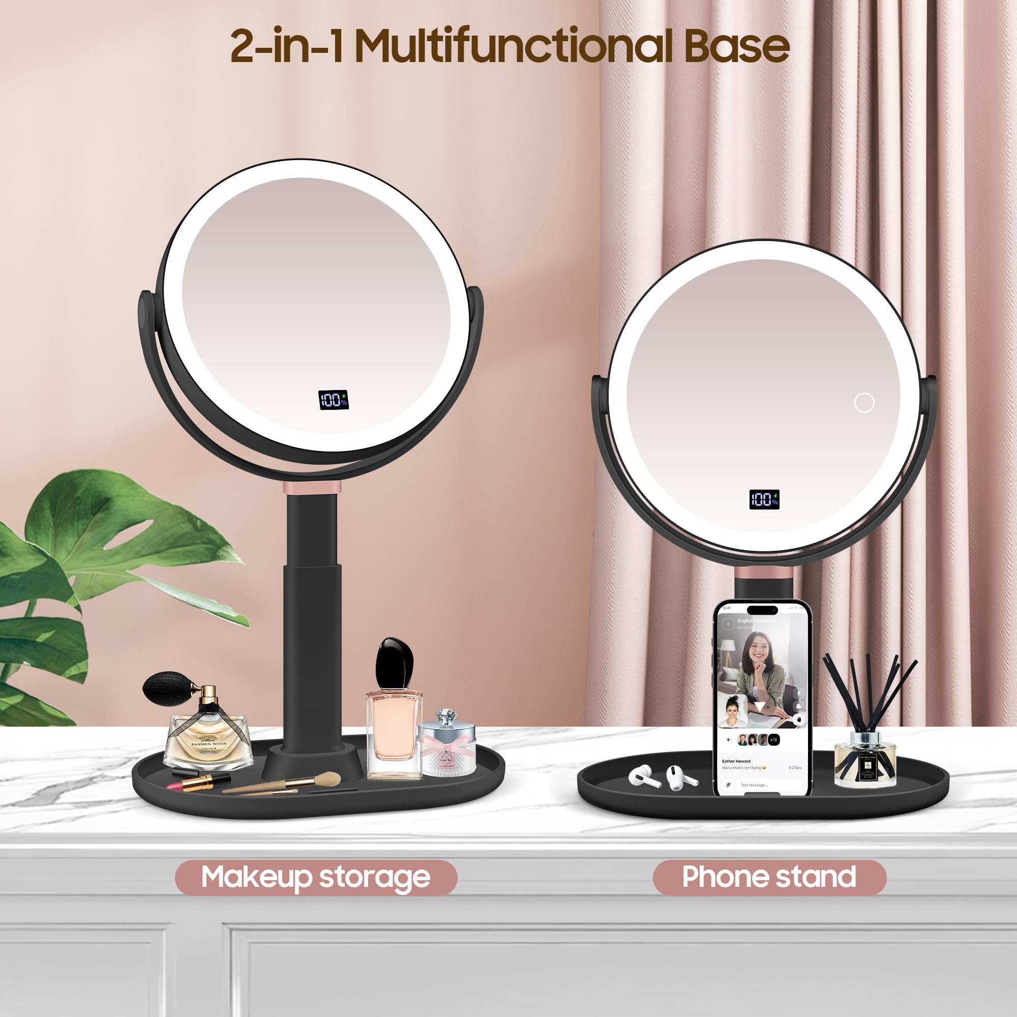 GOMIPURU Espejo de maquillaje iluminado con aumento de 30X/1X, espejo de aumento True HD con 3 luces regulables de color, altura ajustable, giro de 360°, doble cara, negro