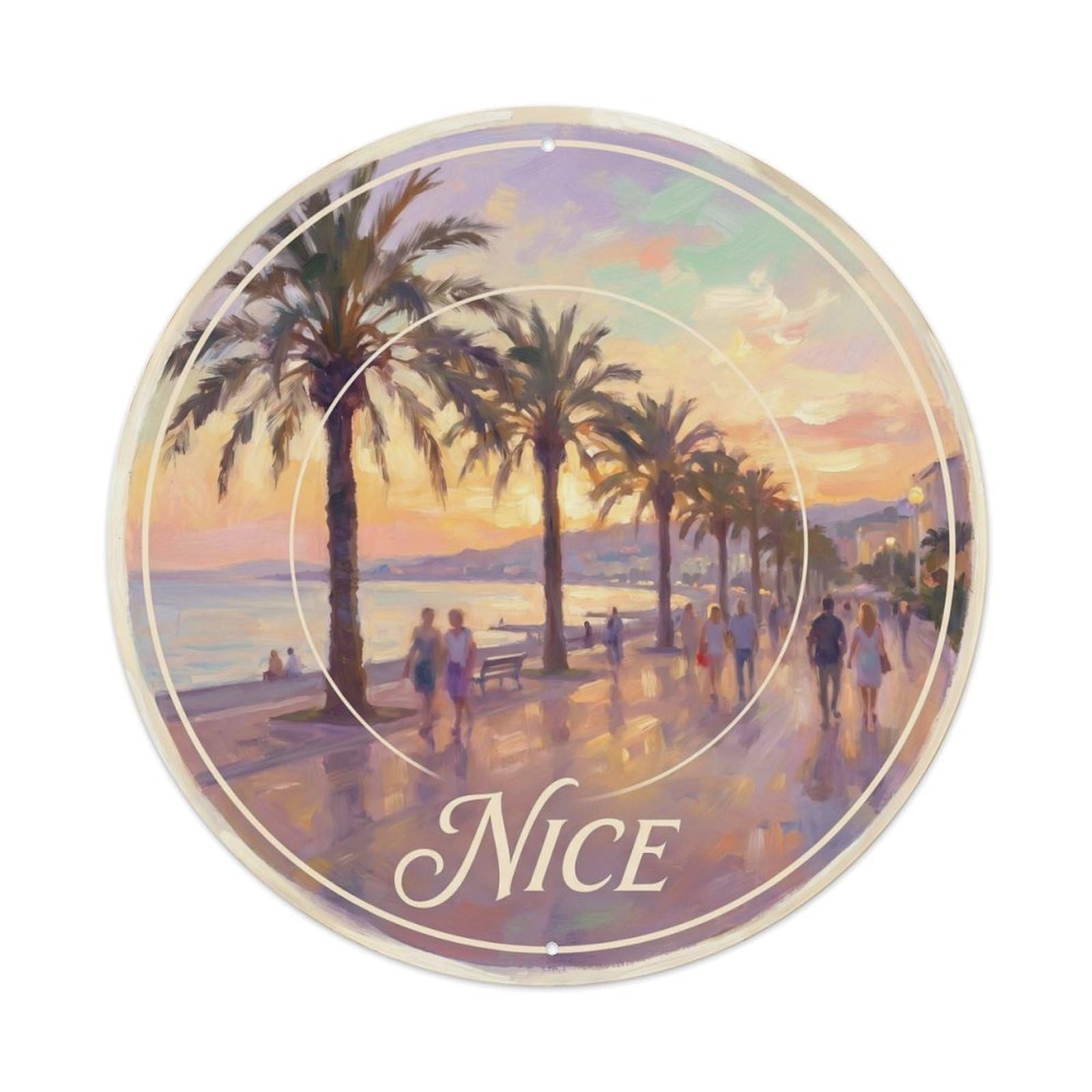 Riviera Sunset Nice France Impressionist Promenade Travel Metal Tin Sign Plaque Wall Decor for Cafe, Man Cave, Club Bar, Office, Home Garden Round Metal Poster 8x8Inch