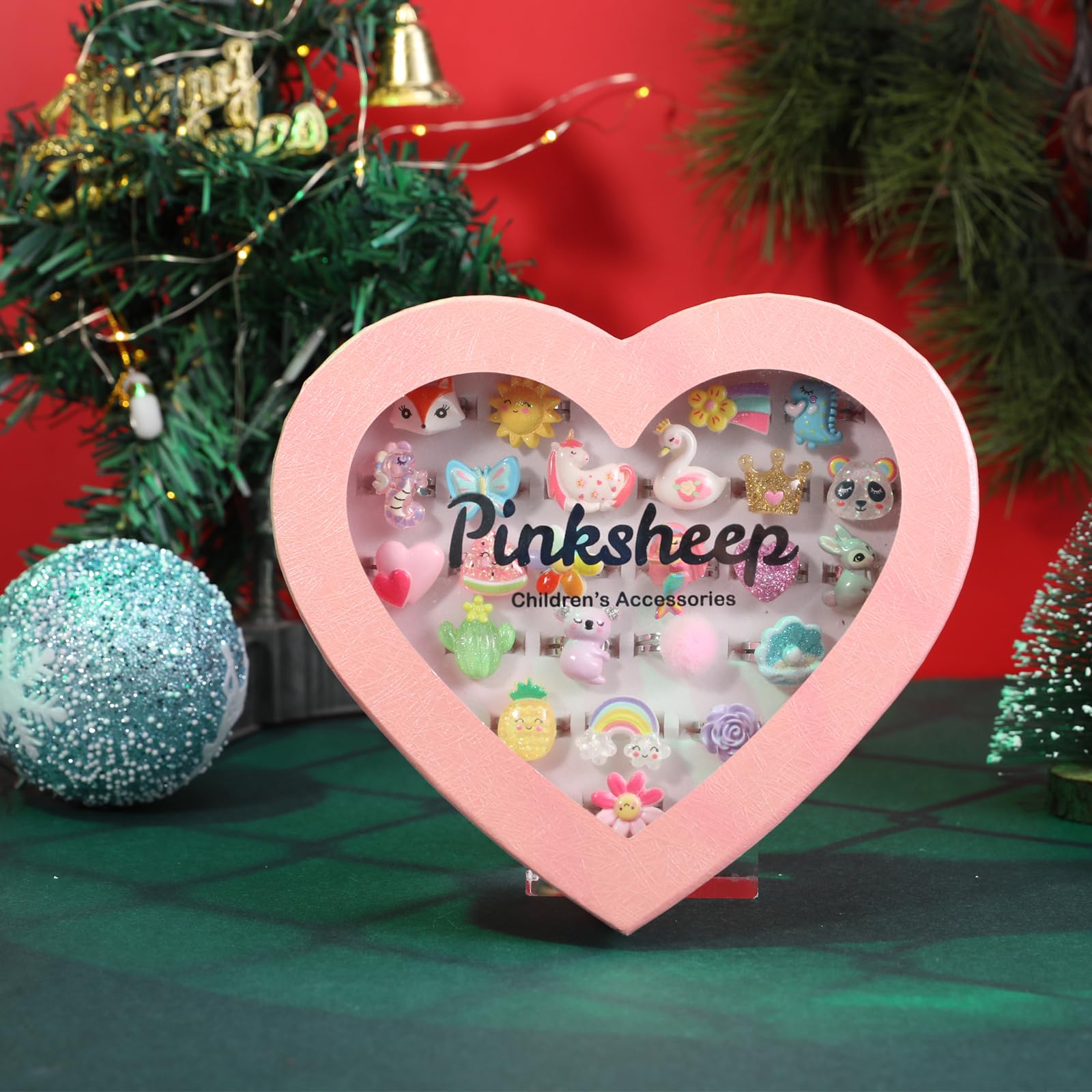 PinkSheep Anillos de joyas para niñas en caja, ajustables, sin duplicación, anillos de juego de simulación y de vestir para niñas (24 Bling Ring)