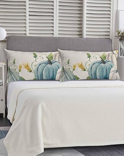 Miniatura 5 de Fundas de almohada de tamaño King con calabazas de color verde azulado otoñal, fundas de almohada suaves decorativas para sofá de cuerpo largo,