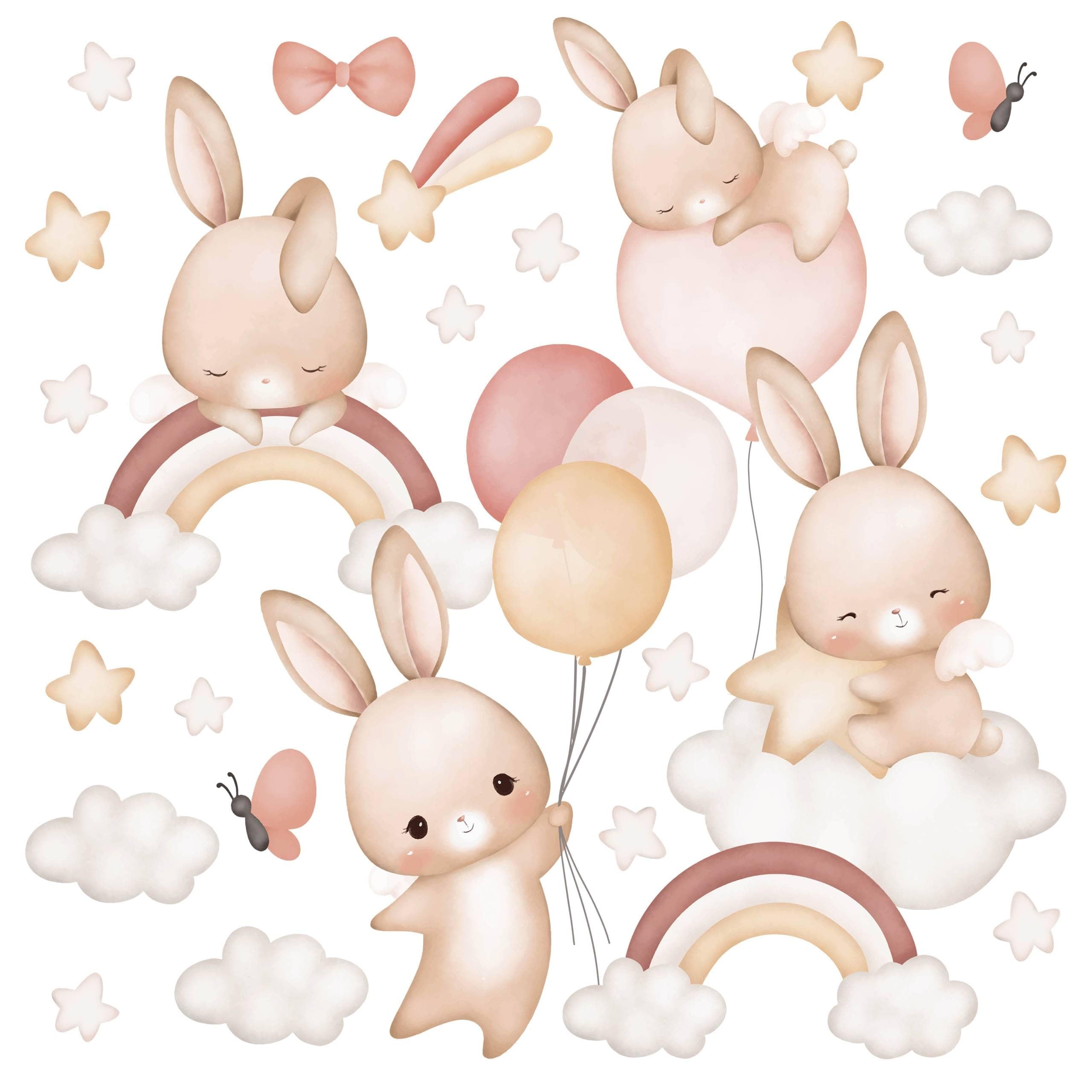 Muralo Sticker Set für Mädchen und Jungen - Aquarell Aufkleber Wandsticker Tattoo für Kinderzimmer - Wandaufkleber Häschen unter den Sternen Motiv - Br.120cm x Hö.60cm