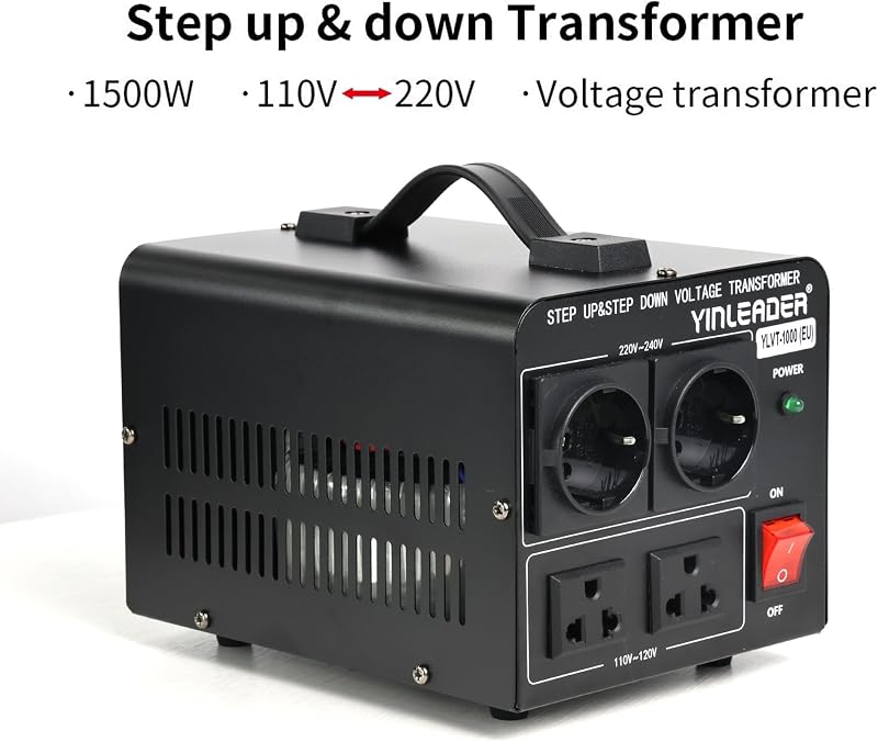 Yinleader 1000W Feszültségátalakító Transzformátor 230V-110V, Toroid Magos, 4kg, 2db 110V + 2db 220V EU Aljzat, CE Tanúsítvány, Fekete