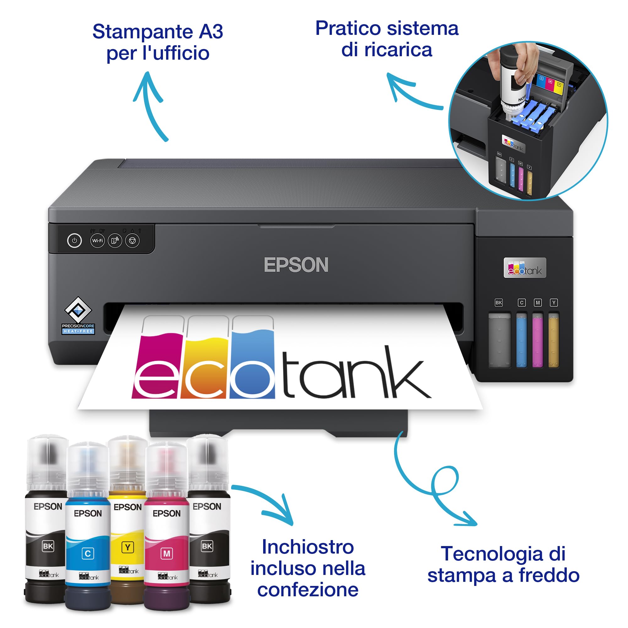 Epson EcoTank ET-14100 Stampante con Serbatoi D’inchiostro | Casa e Piccolo Ufficio | Con Inchiostro Nero Aggiuntivo | Wi-Fi | A3+ | Stampa | 3 Anni D'Inchiostro Inclusi
