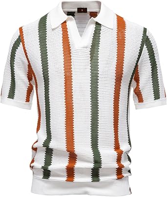 Xixiuly Mens Summer Striped Knit Polo Shirts Slim Fit Hollow Out V Neck Collared Short Sleeve Polo Golf Shirts Casual Tops