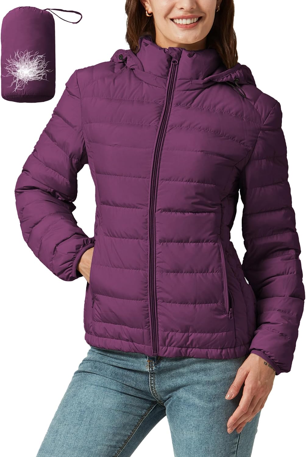 Packable Down Jacket Women Lightweight Quilted Puffer Coat Hooded Travel