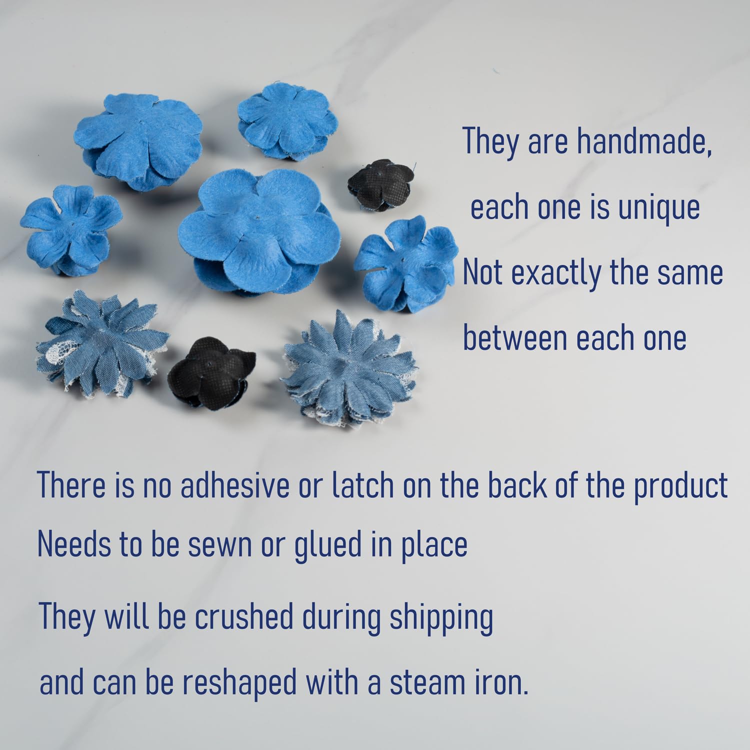 Juego de 9 parches de tela vaquera con forma de flor, cinta de mezclilla para vestidos, decoración de flores y manualidades para fiestas (azul oscuro)