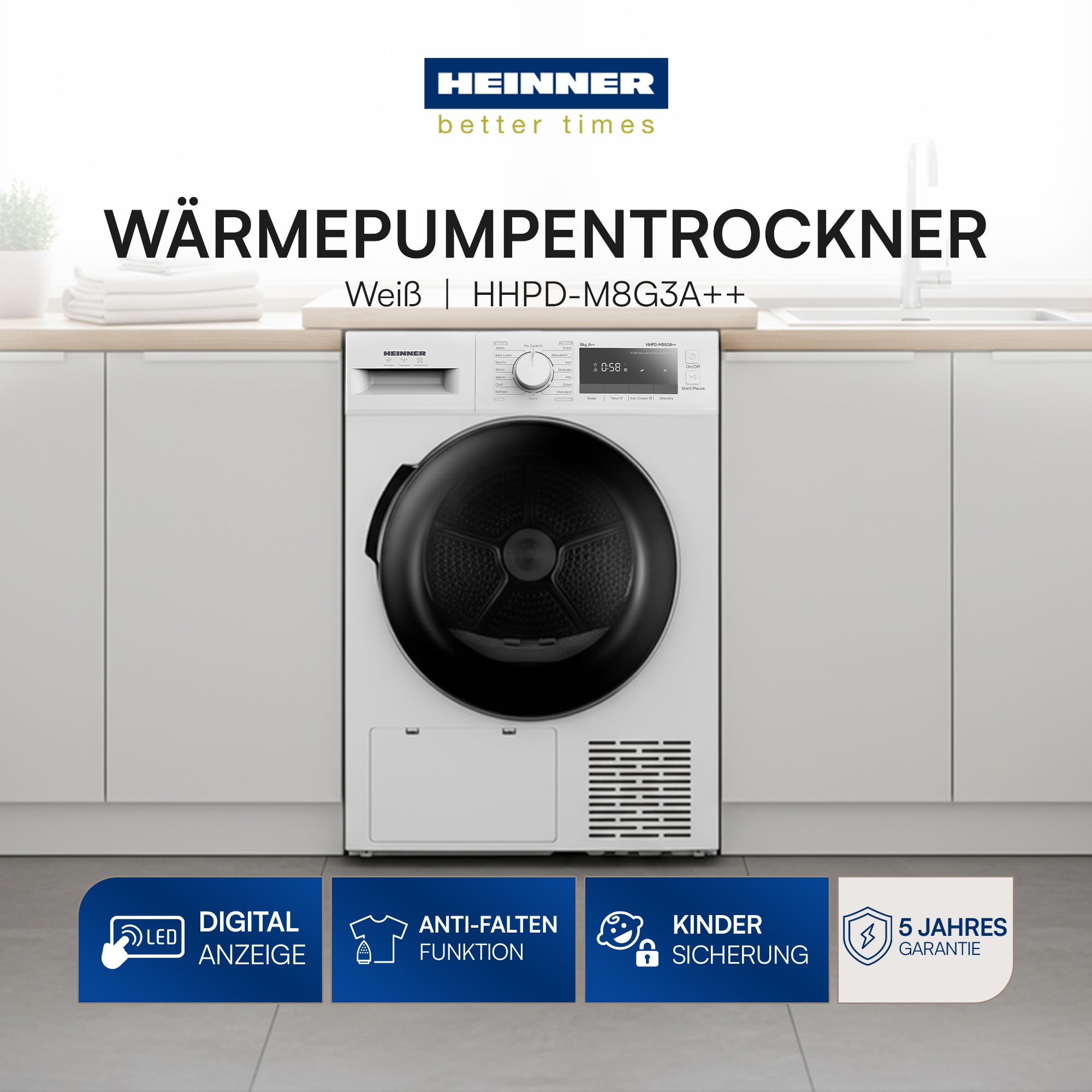 HHPD-M8G3A++ - 8 kg Wärmepumpen-Trockner, 14 Programme, Energieklasse D, LED-Display, Kindersicherung, Trommelbeleuchtung, Weiß, 5 Jahre Garantie (8 KG)