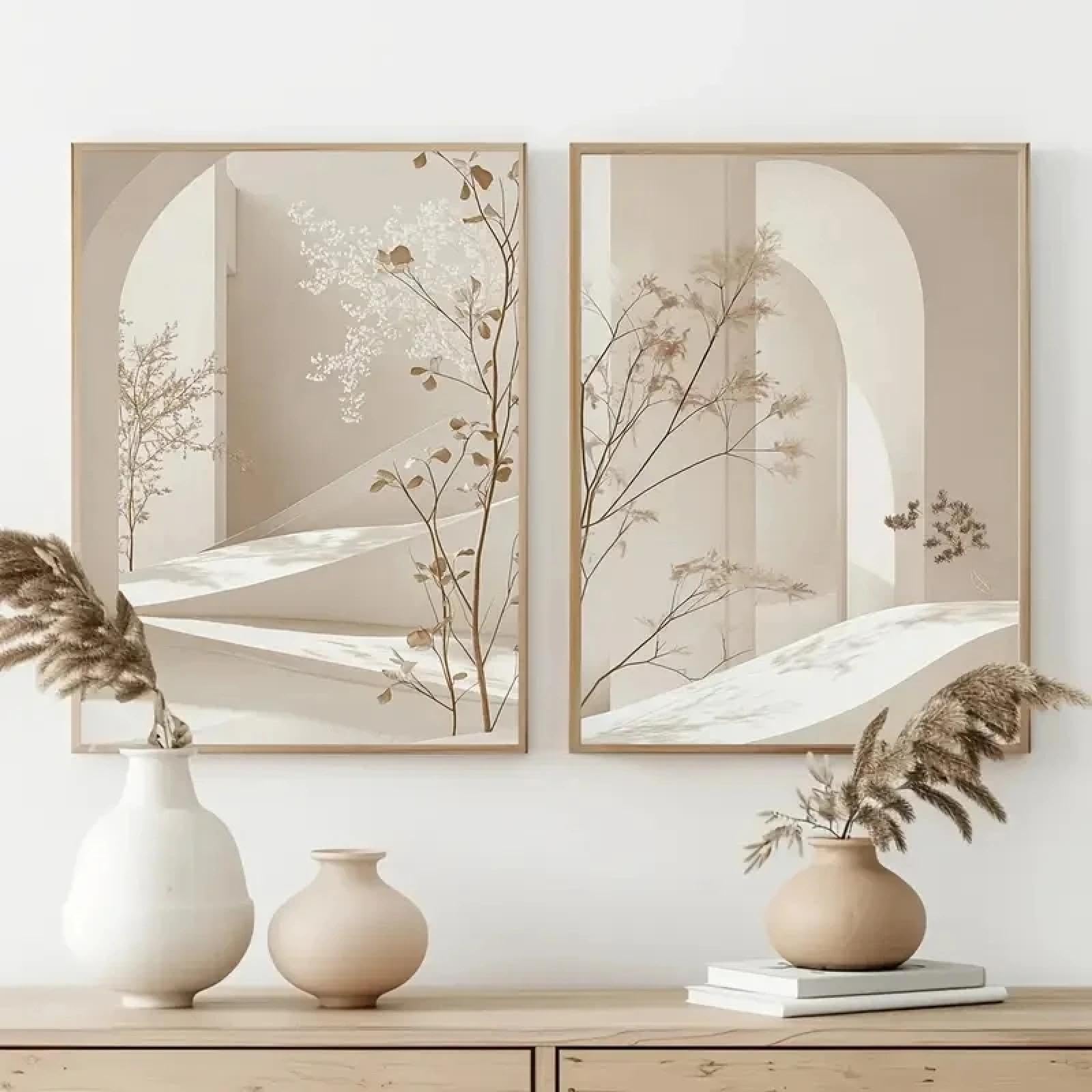 Zhaolin Frameless 2Pcs Beige Simple Arch Landscape Canvas Print Neutral Brown Tones Bohemian Leaves Office Bedroom Dining Room Home Decor 60X90cm(24X35in) X2