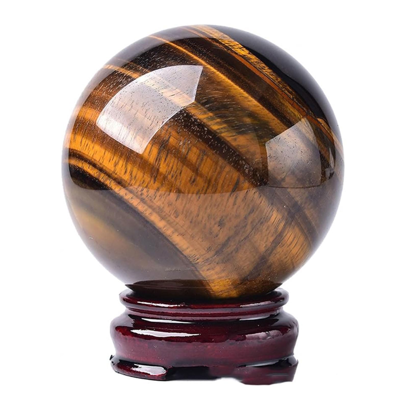 QWZTAEOZA Crystal Ball, Tiger's Eye Gemstone Sphere Divination with Wooden Stand for Healing/Chakra Balance/Yoga/Home/Office FengShui Decoration,100mm