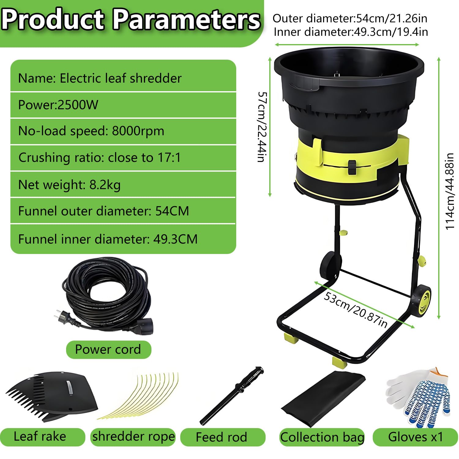 Trituradora eléctrica de residuos de jardín, trituradora de Hojas y Compost eléctrica de Alta Potencia, 8000 RPM para Hojas y preparación de Compost. 10mpowercord