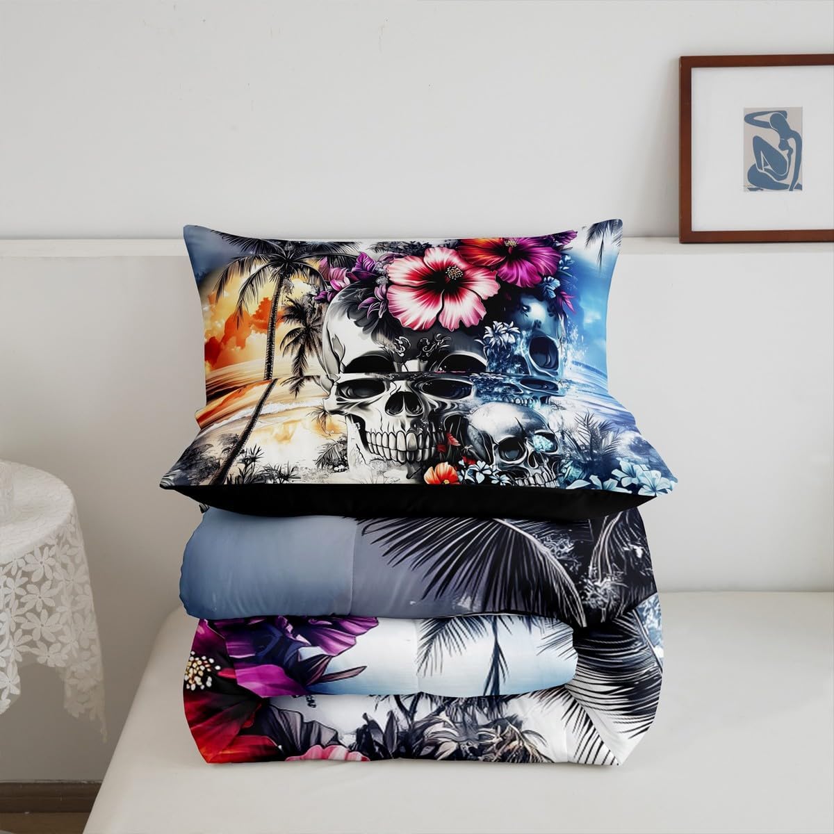 Flower Skull Bedding Sets Queen Size,Tropical Hawaii Comforter Set for Kids Boys Teen Adult Room Decor,Colorful Floral Palm Leaf Down Comforter Seaside Beach Reversible Quilt Set,2 Pillowcases