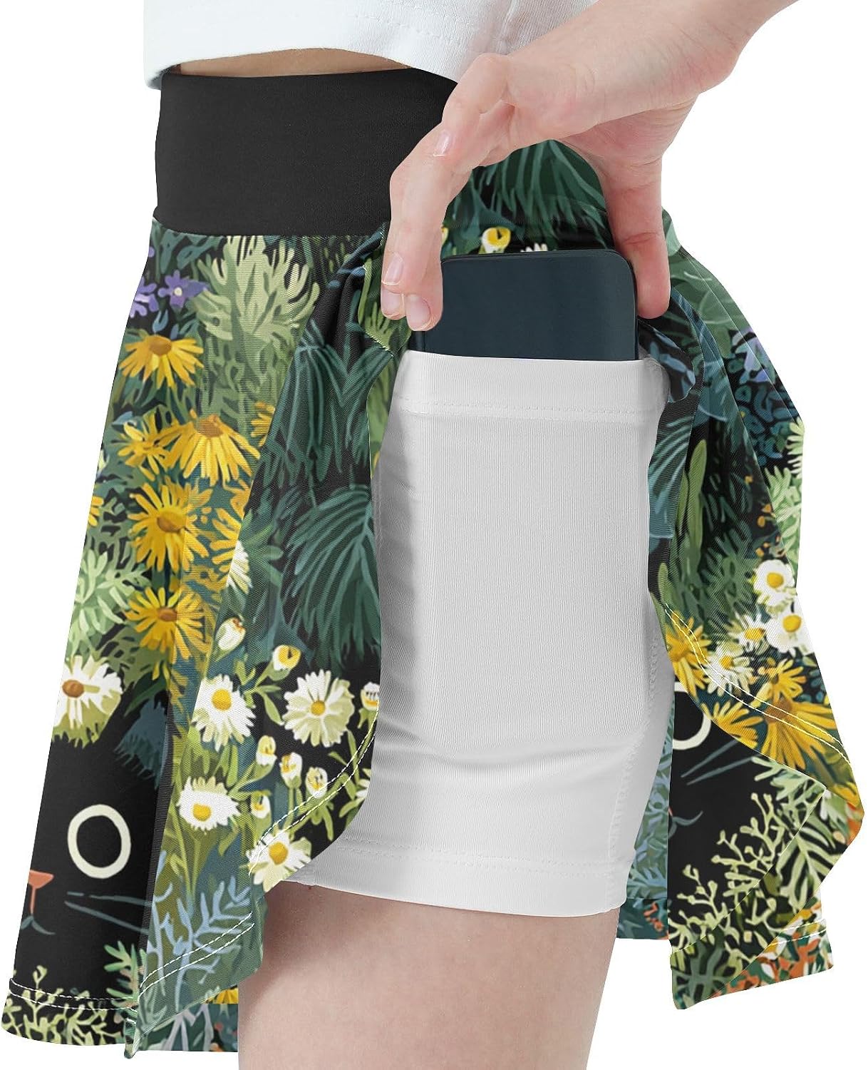 visesunny Flower Leaves Cat Girl's Golf Skirt Athletic Tennis Skort Sport Activewear with Double Layer Pockets