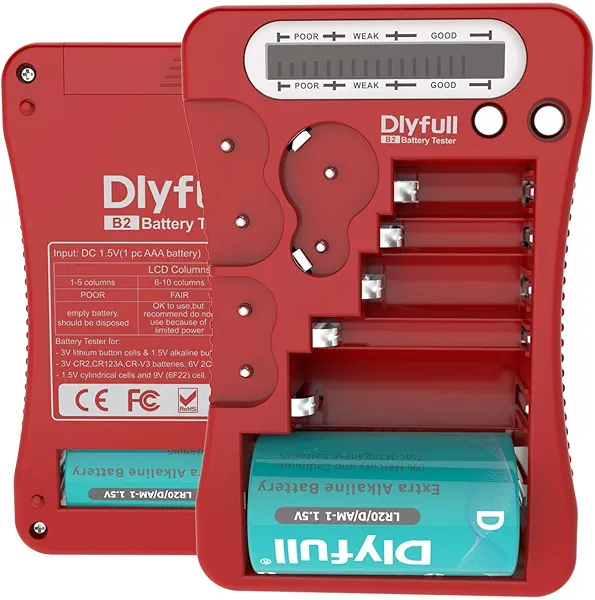 Dlyfull Battery Tester, LCD Display Universal Battery Checker for AA AAA C D 9V CR2032 CR123A CR2 CRV3 2CR5 CRP2 1.5V/3V Button Cell Batteries, 1x AAA Batteries Included