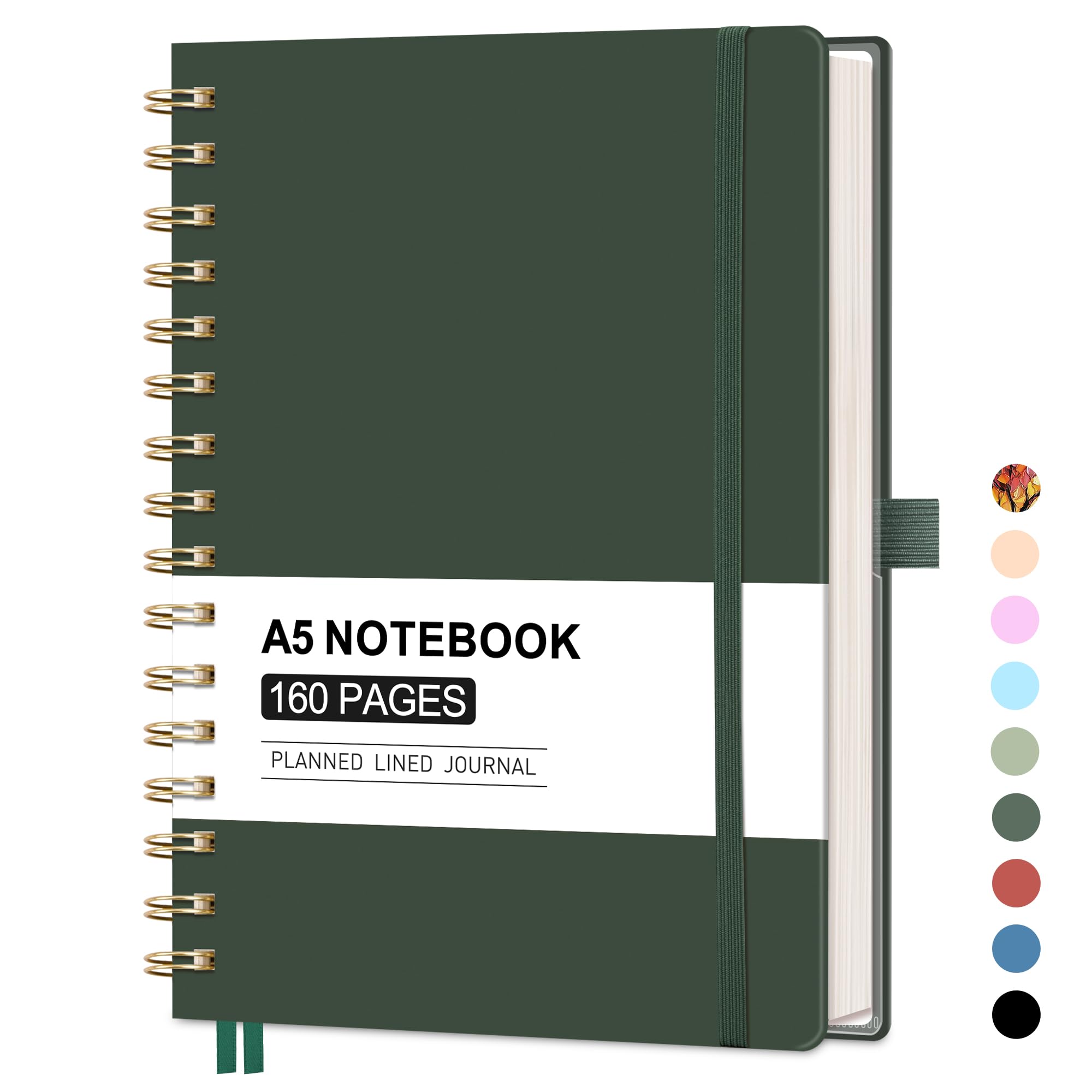 AUTEMPO A5 Notebook, Spiral Journal, 160 Lined Pages, A5 Medium Size (14.5 x 21cm), for Men & Women, Journaling, Writing, Work & Office, Hardcover, 100 GSM Thick Paper - Dark Green