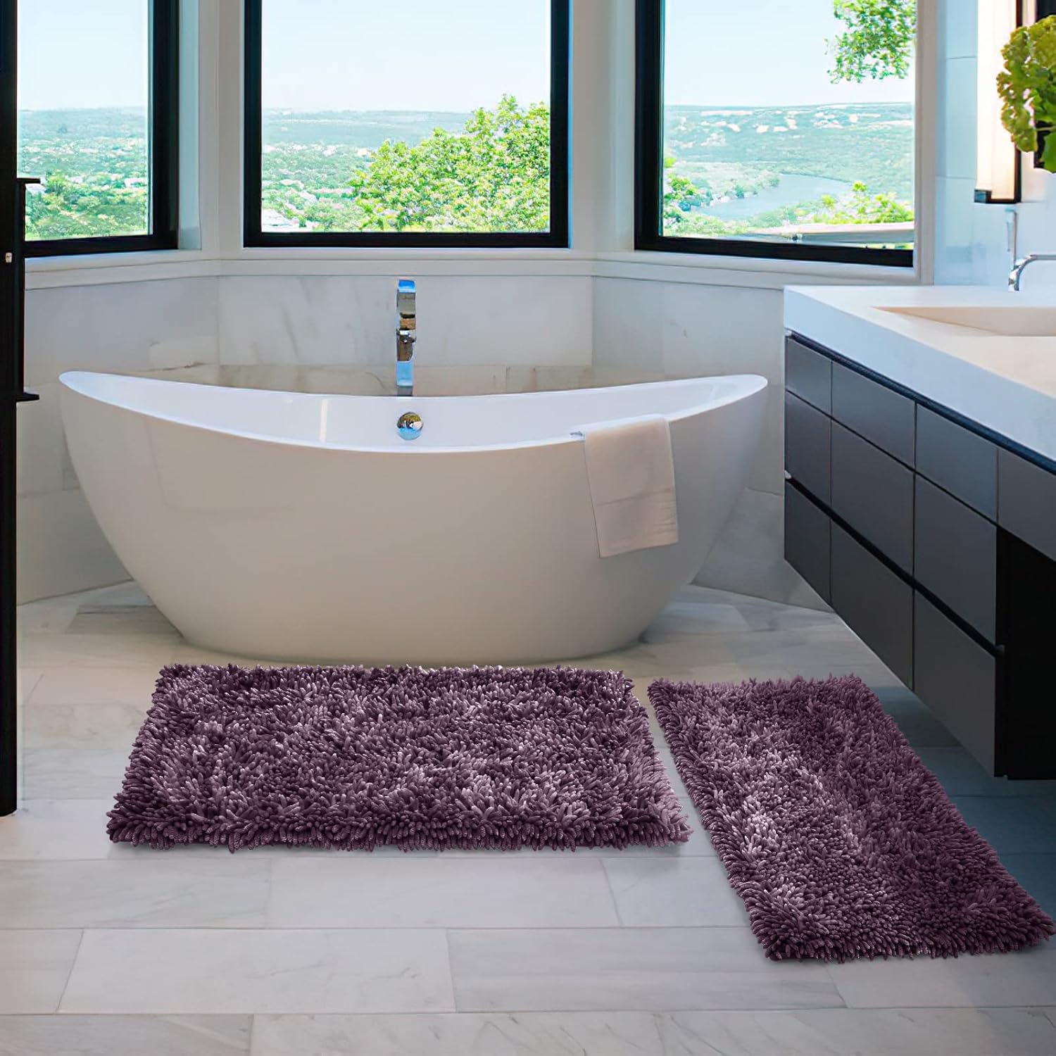 Yimobra Bathroom Rug Set 2 Piece, Luxury Shaggy Bath Mat Set with Non Slip Backing, Ultra Soft & Absorbent Mats for Bathroom Floor, Machine Washable, 44"x24"+24"x17", Dark Purple - Image 8