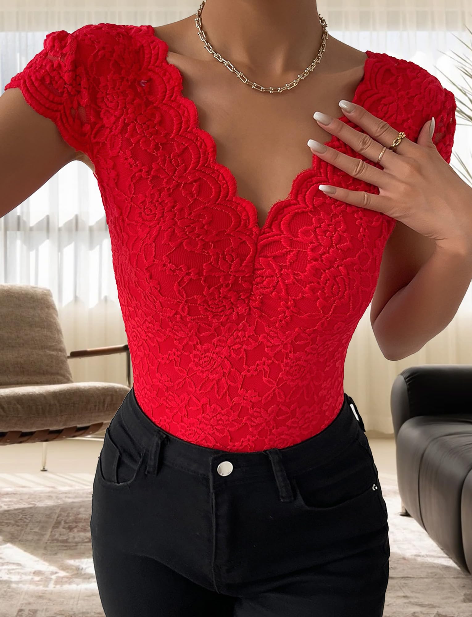Femme Body en Dentelle Haut Sexy Moulante Top Manche Courte Transparent Tenue Slim Fit Col en V Chic et Elegant XS-L