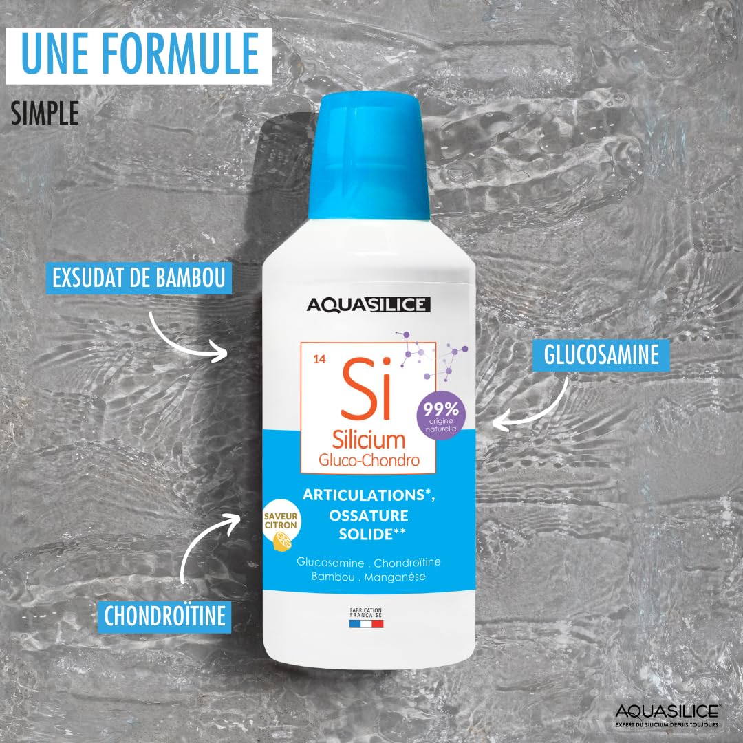 Silicium Glucosamine Chondroïtine - Solution buvable 1L - Enrichi en Bambou & Manganèse - Nettoyage de l'Organisme - Maintien d'une Ossature Solide - Fabriqué en France - Aquasilice