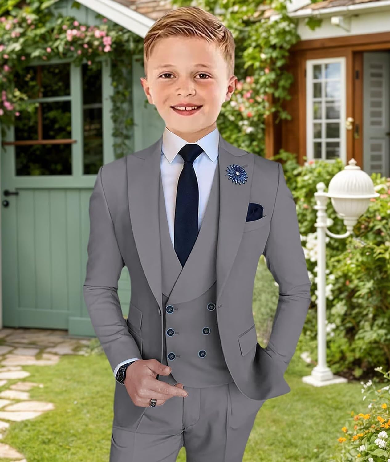 Boys 4-Piece Formal Suit, Blazer Vest Pants Set+ Matching Bowtie for Toddler First Communion Adjustable Waist